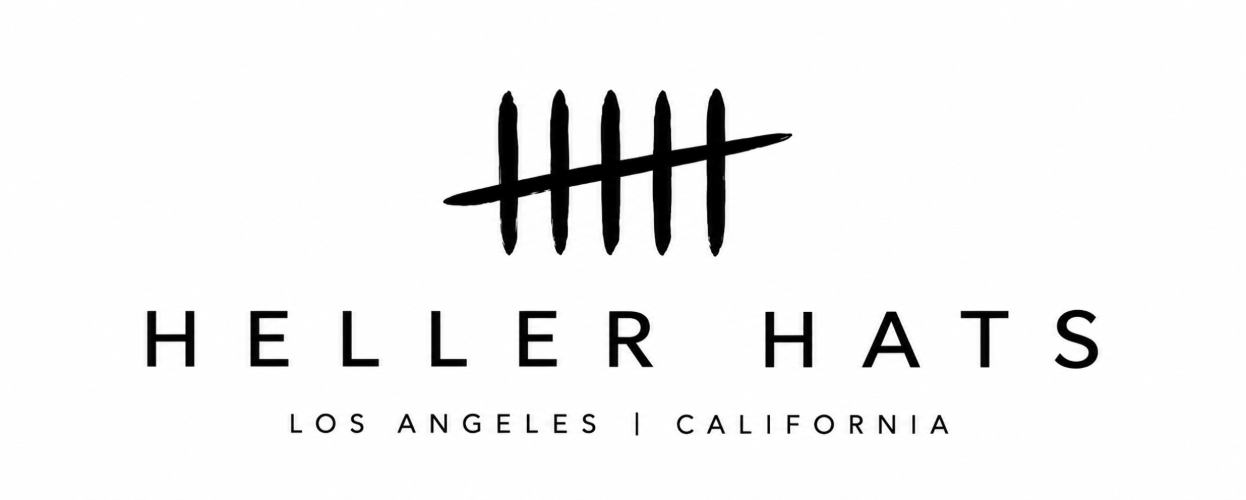 Black logo and text on a white background reading 'HELLER HATS' with 'LOS ANGELES | CALIFORNIA' underneath and a tally-mark style icon above.