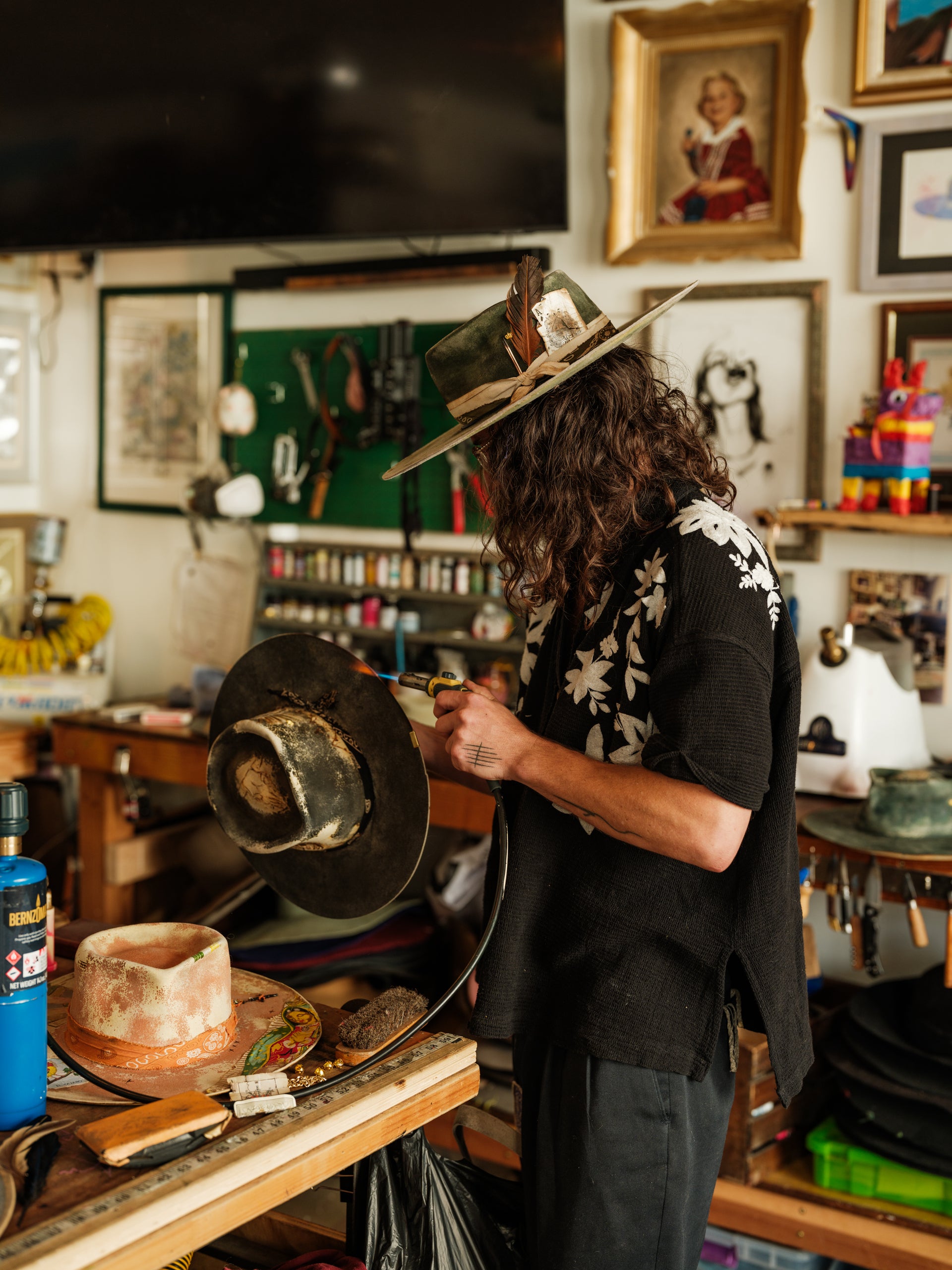 Load video: Artisan handcrafting a felt hat in Los Angeles Studio, showing the small-batch hat-making process.