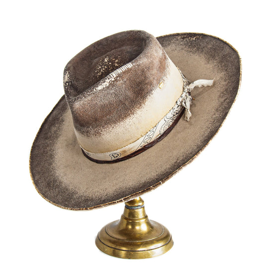 Hand-dyed distressed wide brim fur felt hat in barrel brown and bone, handcrafted from rabbit and beaver blend felt in Los Angeles