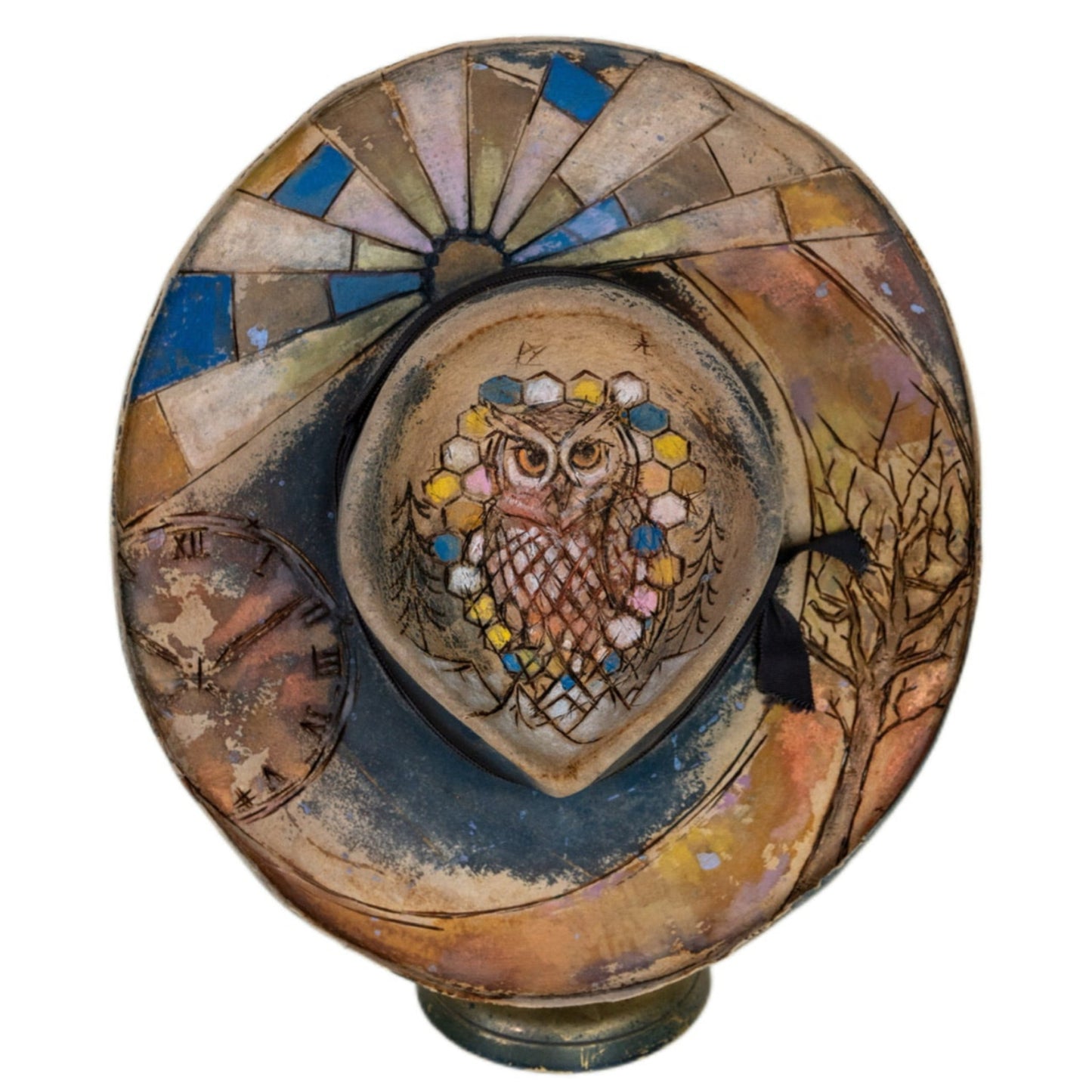 Alder wide brim beaver felt hat with hand-etched owl and celestial imagery
