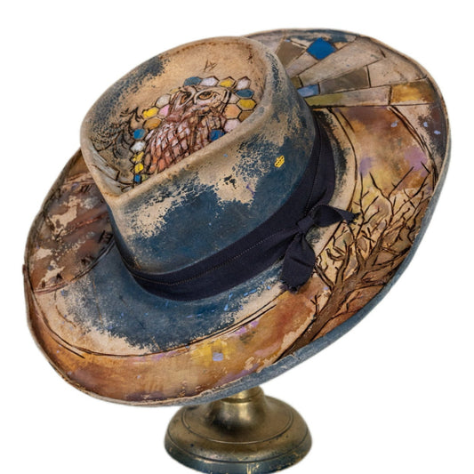 Alder hand-dyed wide brim beaver fur felt hat in deep blue tones with etched artwork
