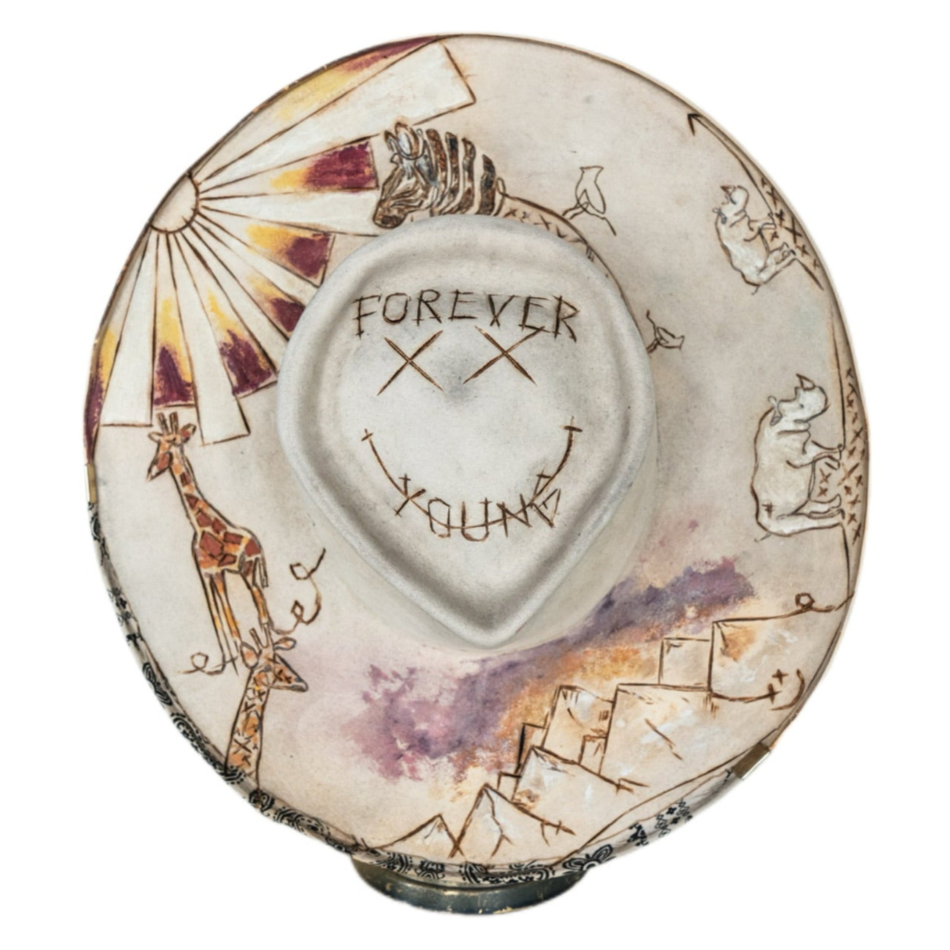 Arlo fur felt hat with hand-burned and colored animal imagery
