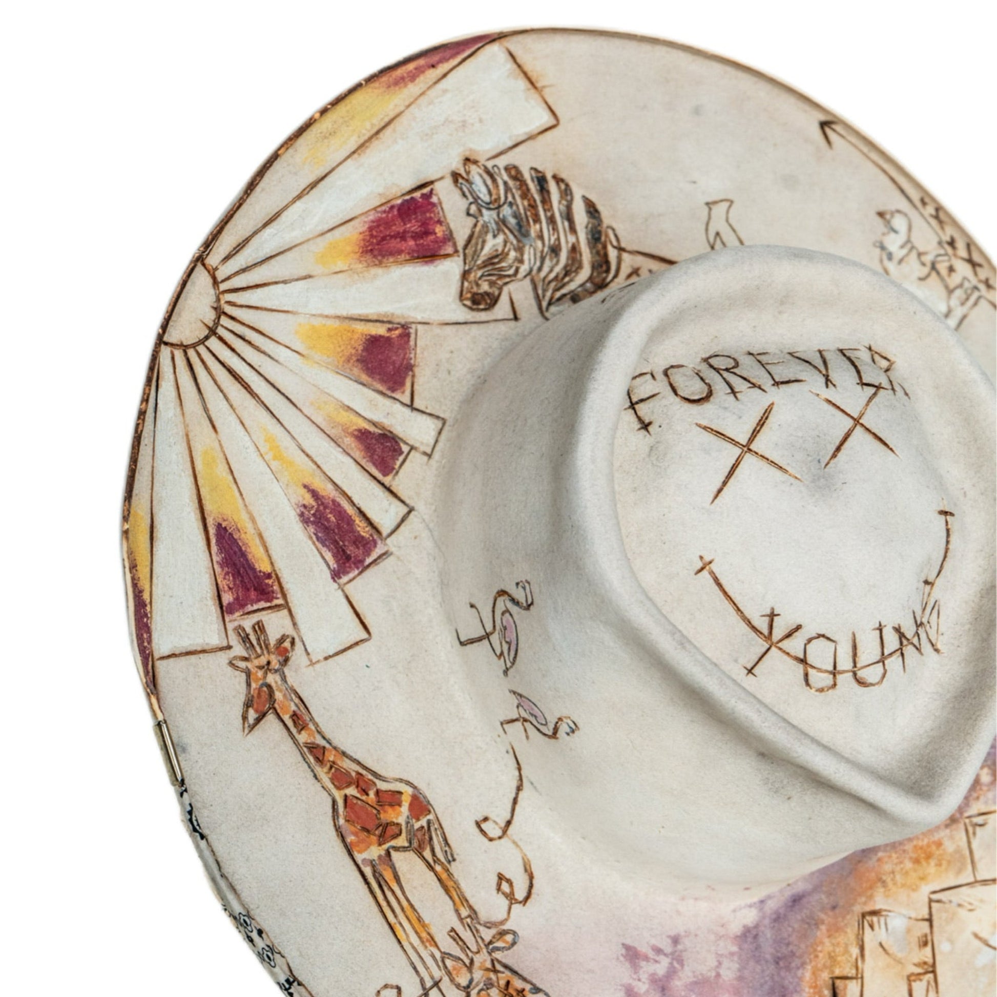 Arlo distressed fur felt hat with bandana-style bound brim section and gold clips
