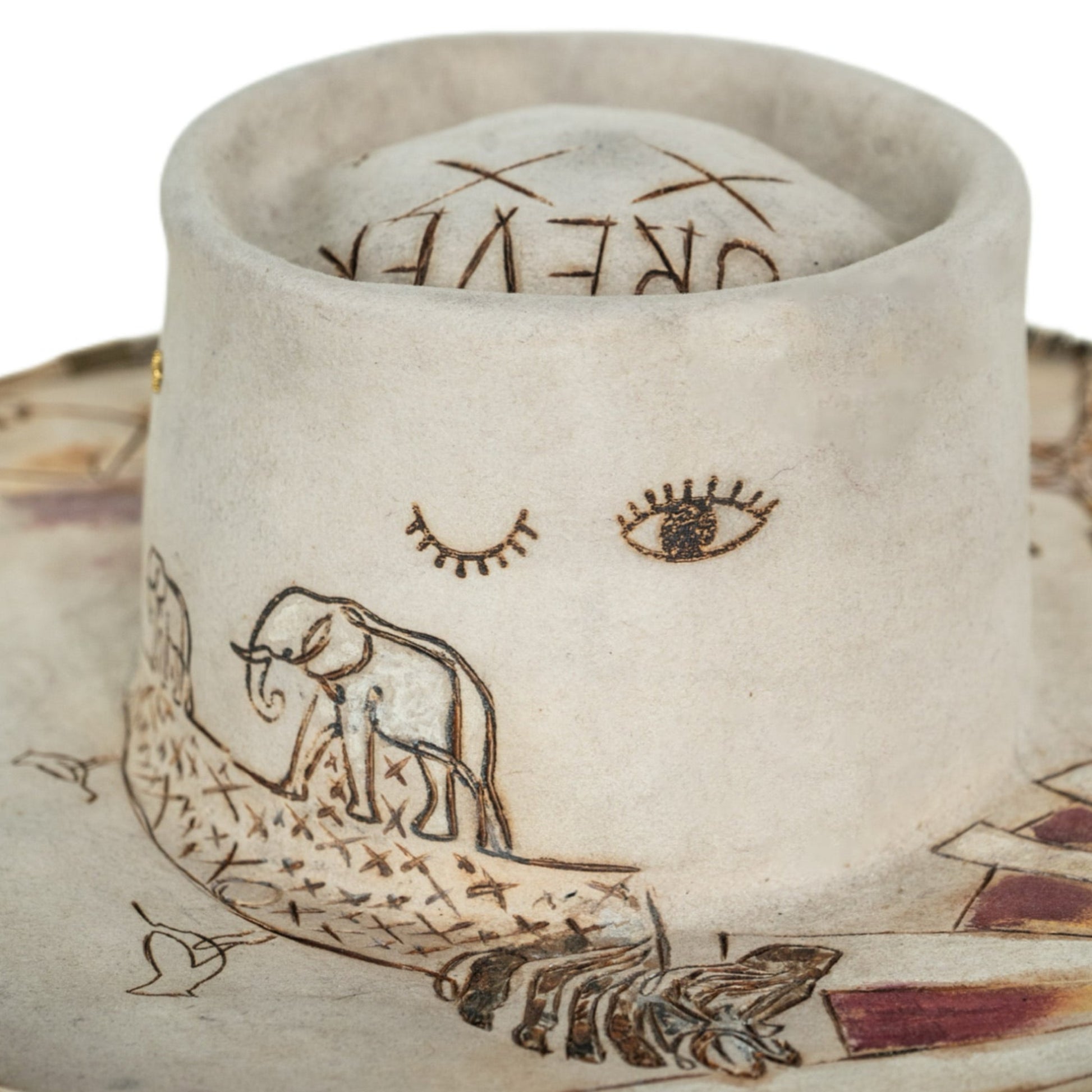 Close-up of distressed bone fur felt texture on Arlo hat
