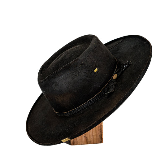 Buck Hand-Dyed Distressed Wide Brim Rabbit and Beaver Blend Fur Felt Hat in deep black tones