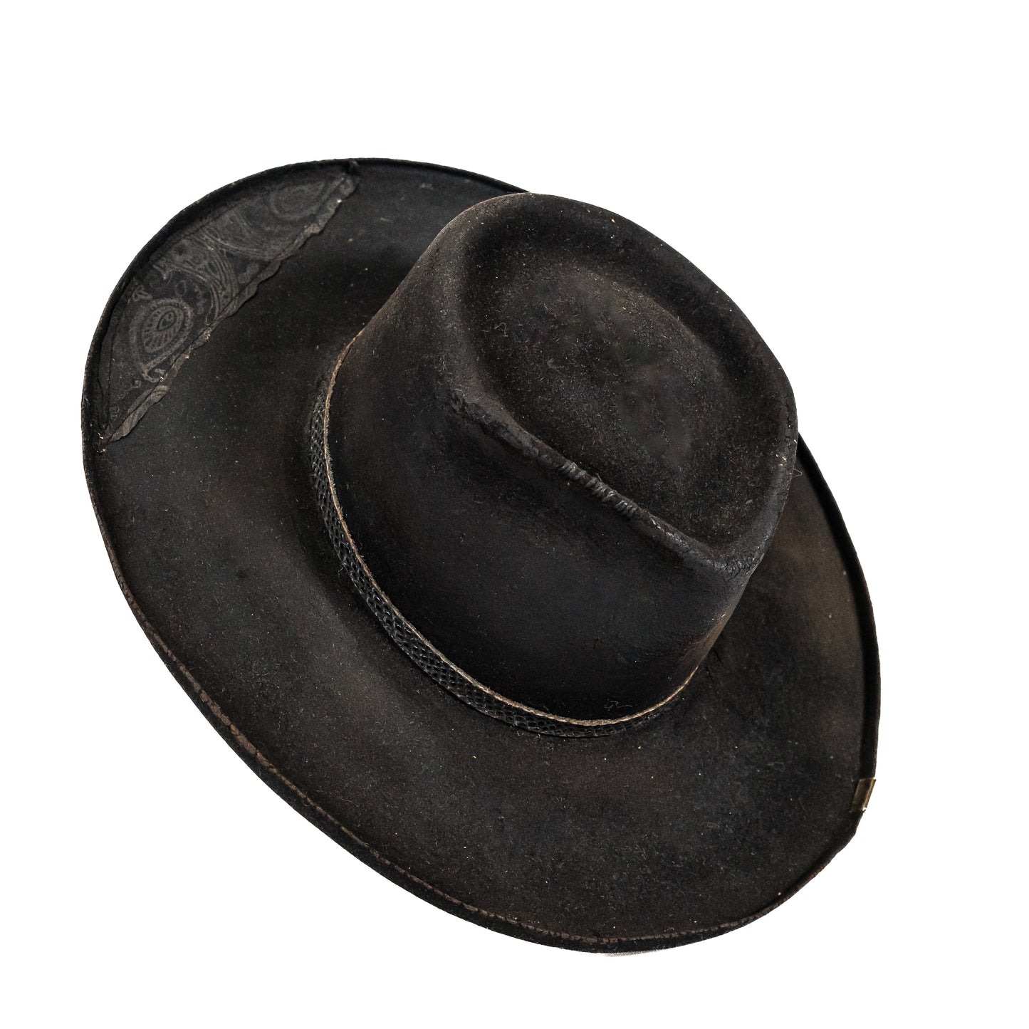 Buck Hand-Dyed Distressed Wide Brim Fur Felt Hat showing matte black finish and structured crown