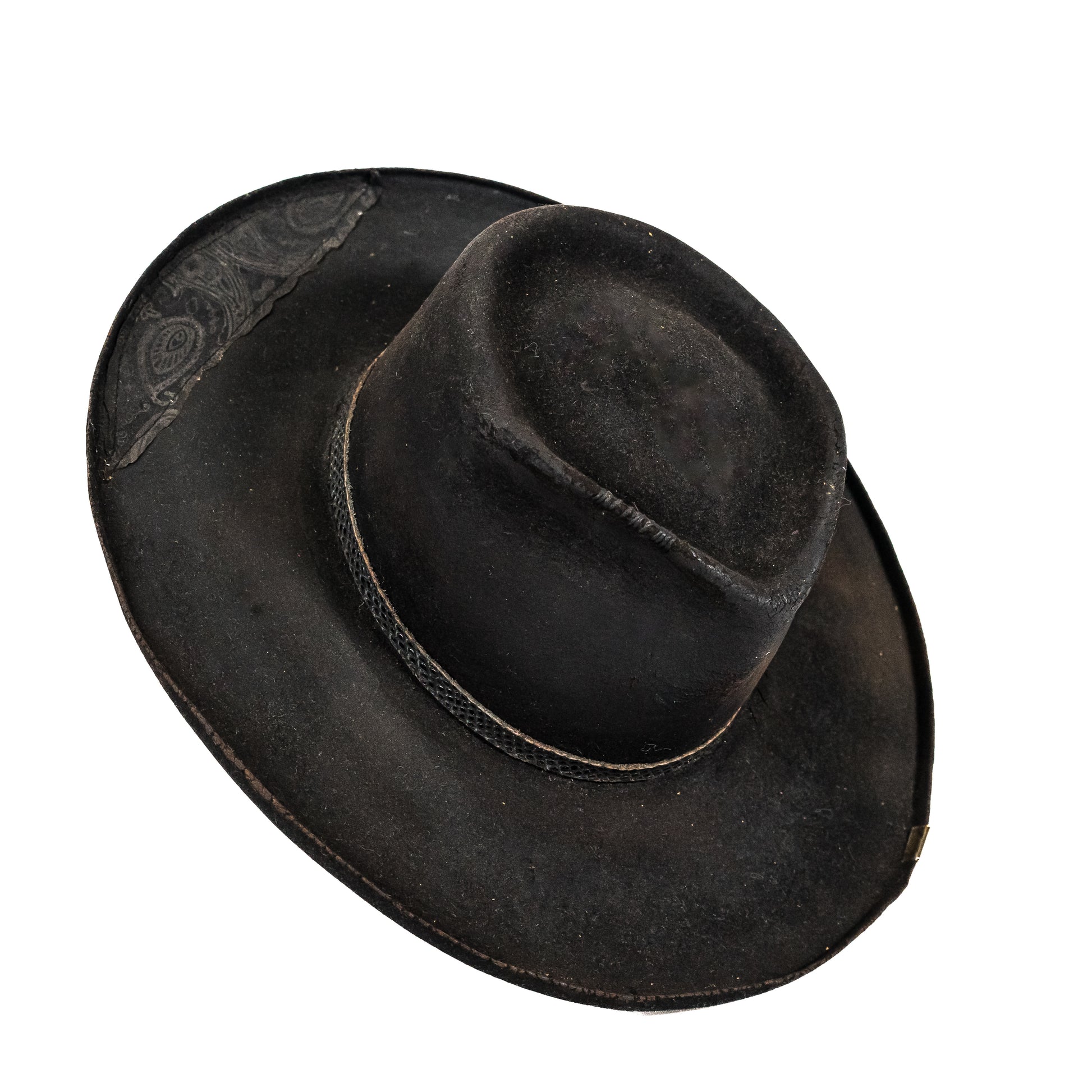 Buck Hand-Dyed Distressed Wide Brim Fur Felt Hat showing matte black finish and structured crown
