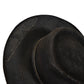 Close-up of heavily distressed black fur felt with burnished brim edges
