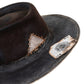Calder distressed fur felt hat with burned and weathered playing card detail

