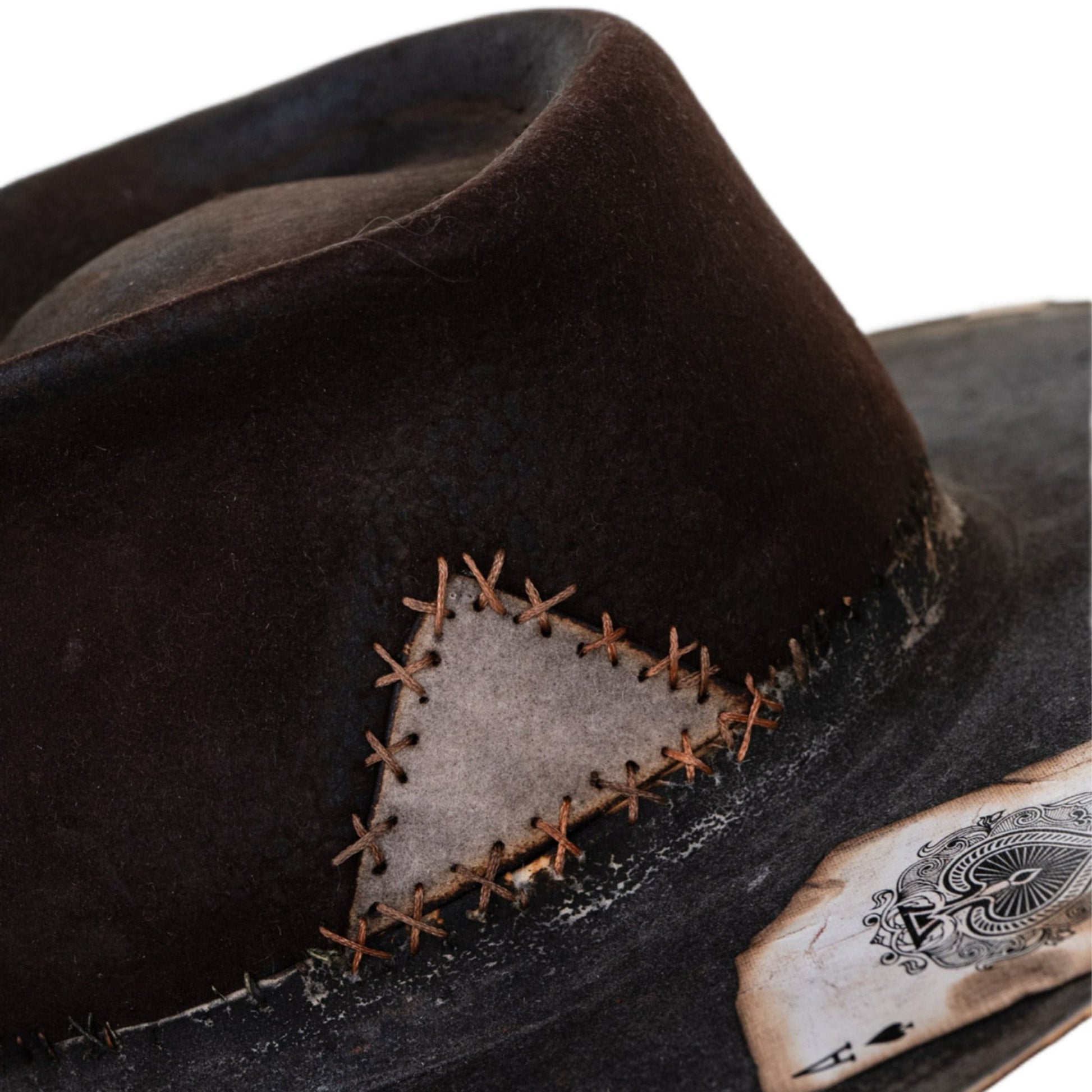 Calder distressed fur felt hat with stitched triangular felt inlay at crown
