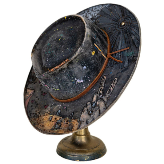 Deadlight distressed wide brim rabbit and beaver blend fur felt hat in black
