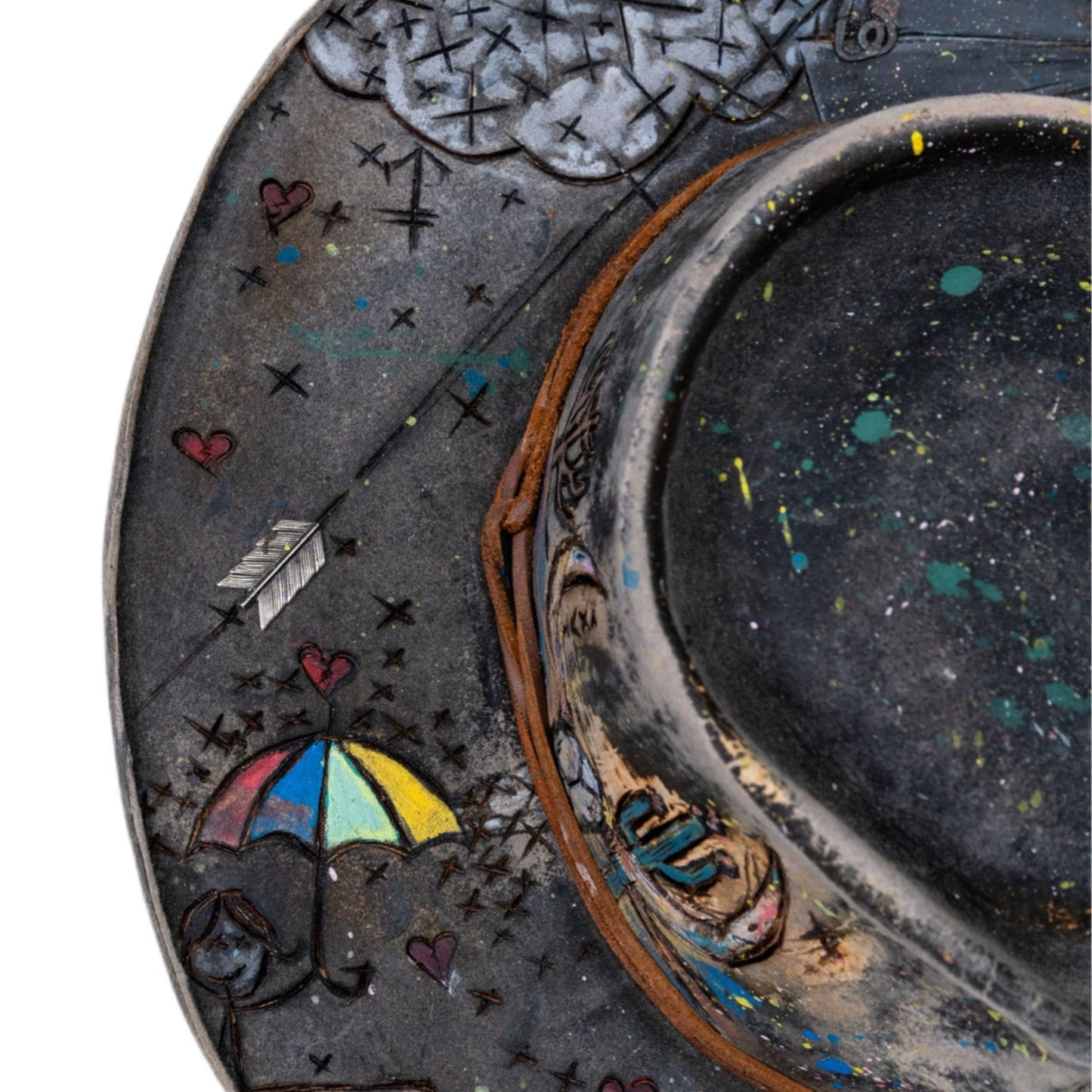 Deadlight distressed fur felt hat with hand-burned dead end peace sign artwork
