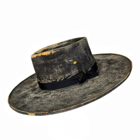 Dean Hand-Dyed Distressed Wide Brim Rabbit and Beaver Blend Fur Felt Hat in charcoal tones
