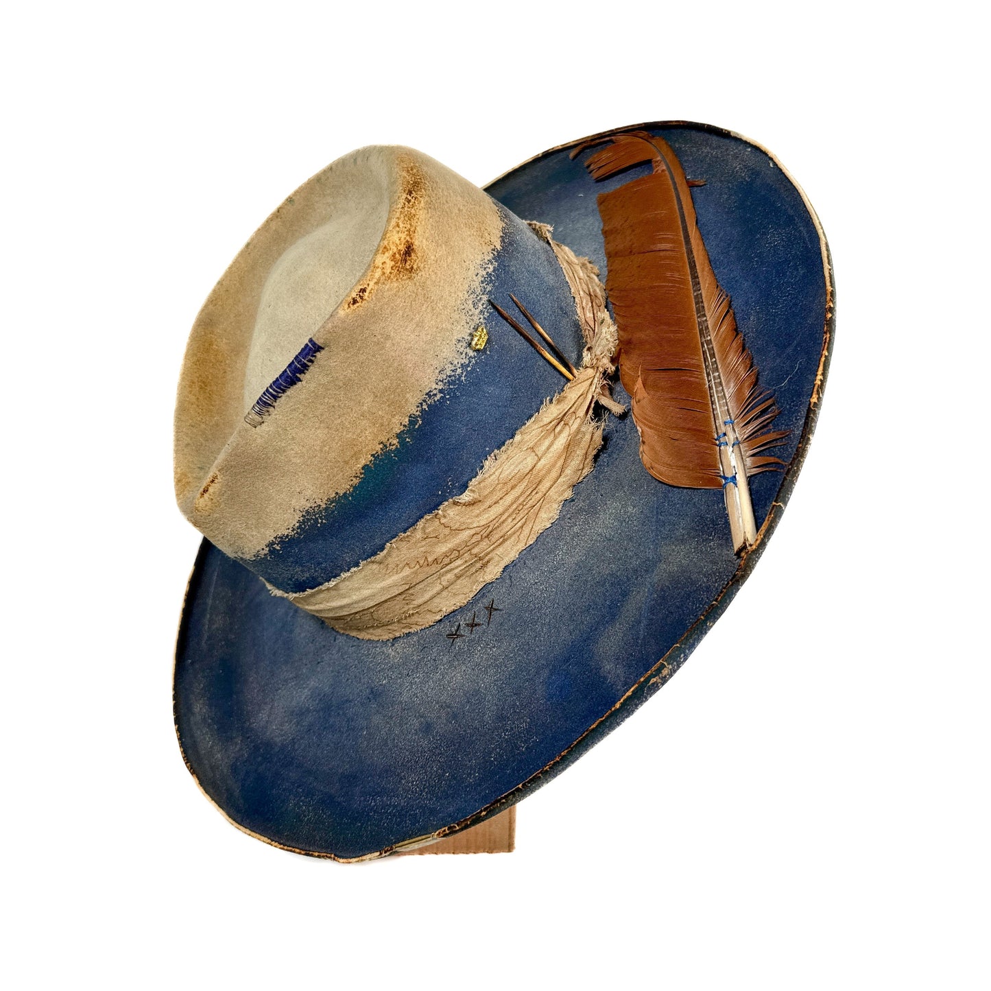 Ellis Hand-Dyed Distressed Wide Brim Rabbit and Beaver Blend Fur Felt Hat in indigo tones
