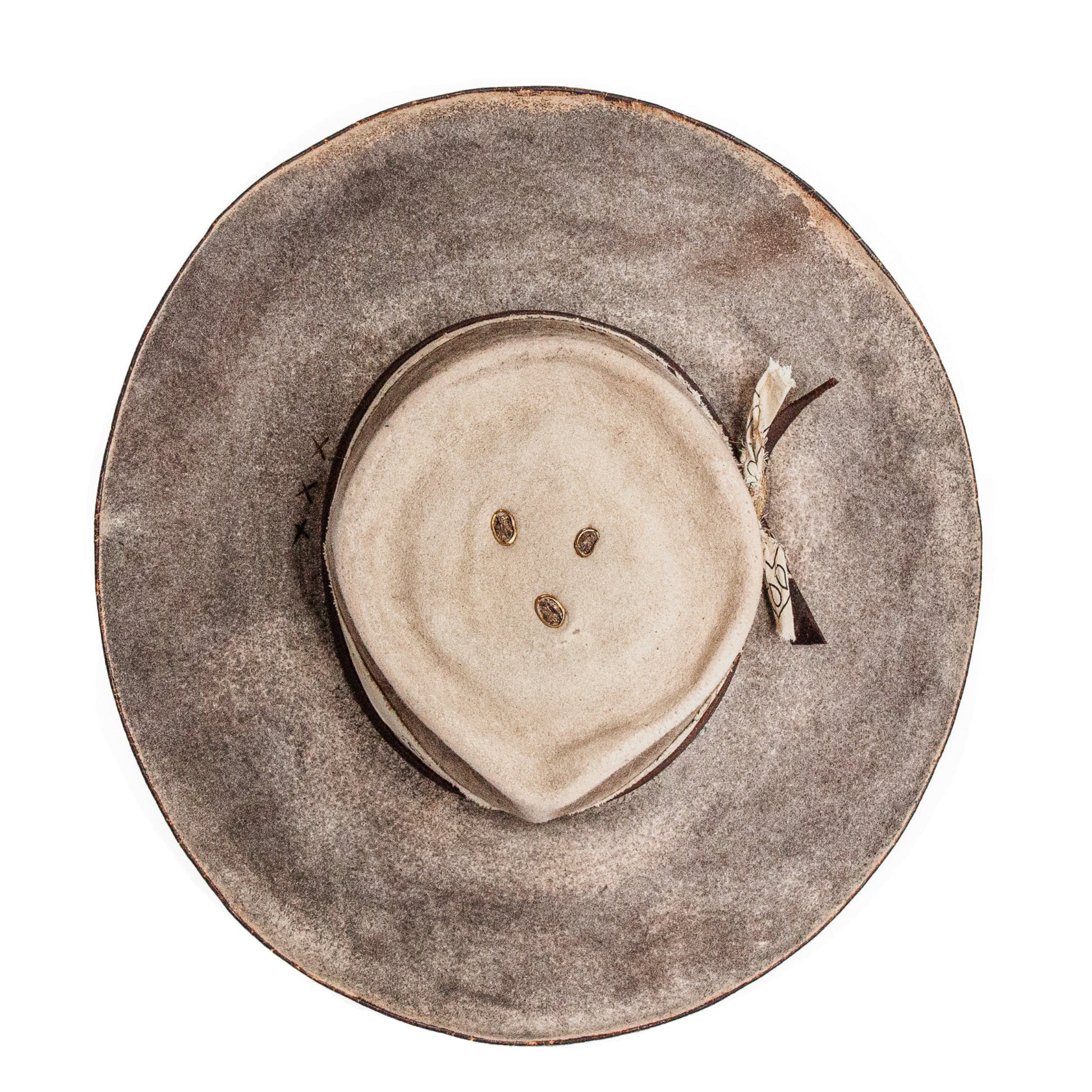 The Espresso Distressed Wide Brim Fur Felt Hat with subtle hand-burned markings on crown
