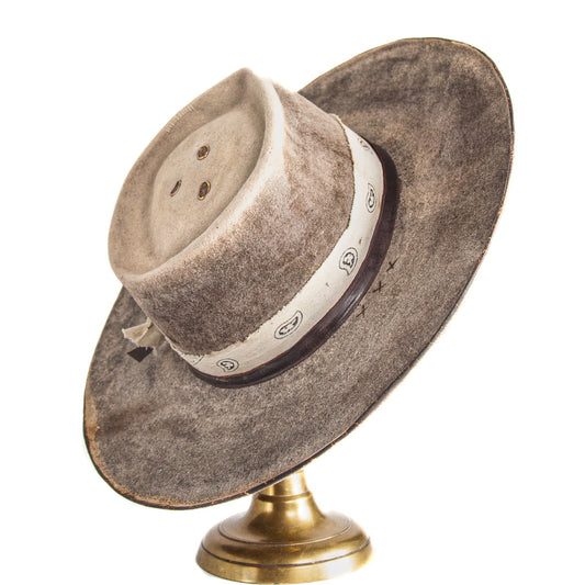 The Espresso Hand-Dyed Distressed Wide Brim Rabbit and Beaver Blend Fur Felt Hat in espresso and charcoal tones
