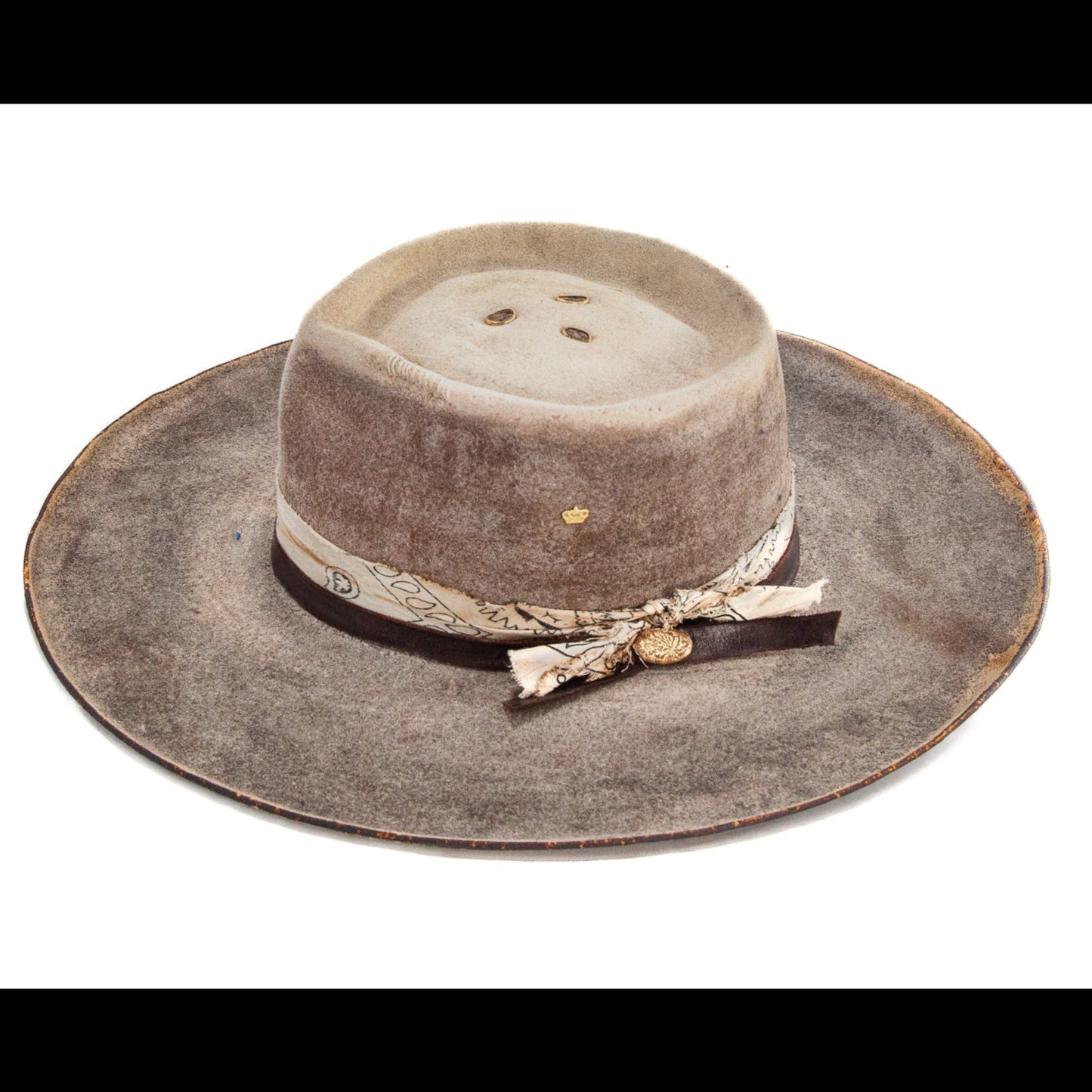 The Espresso Distressed Wide Brim Fur Felt Hat showing relaxed crown and dark tonal variation