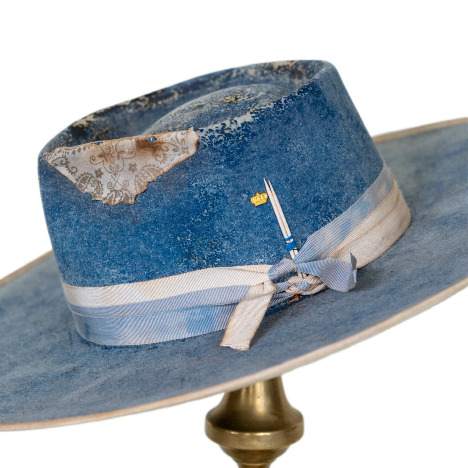 Hollis distressed beaver felt hat with stitched bandana appliqué on crown
