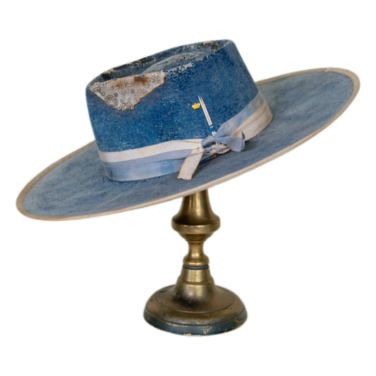 Hollis distressed wide brim beaver fur felt hat in blue with off-white bound brim edge
