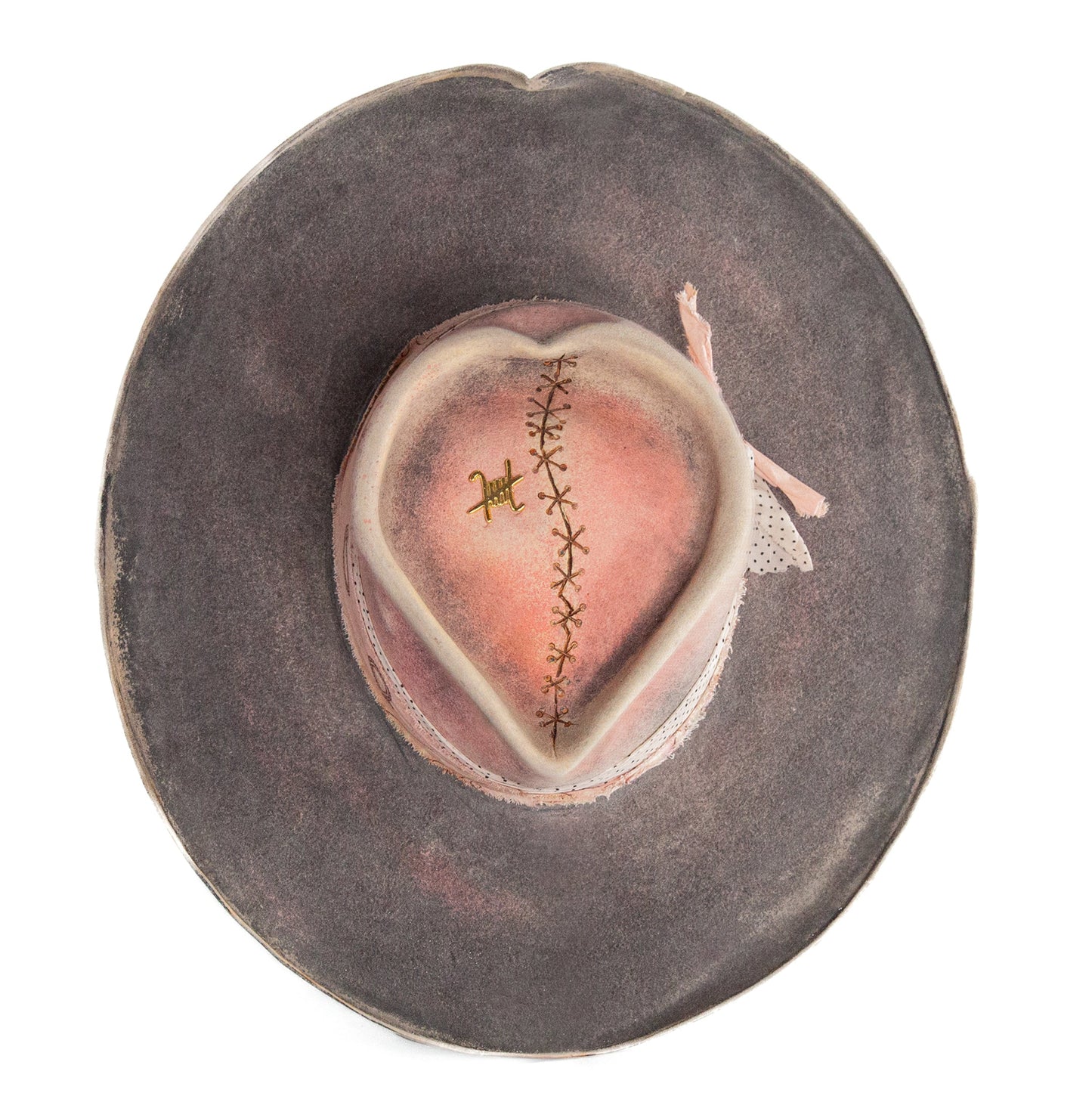 Inez Distressed Wide Brim Fur Felt Hat with hand-burned stitched heart motif on crown