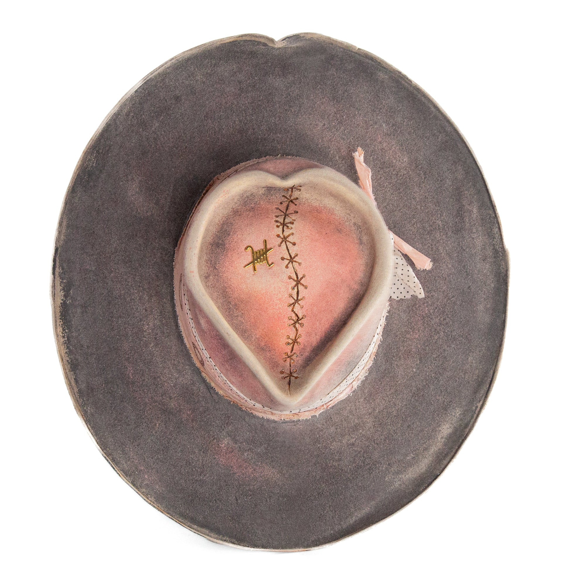 Inez Distressed Wide Brim Fur Felt Hat with hand-burned stitched heart motif on crown