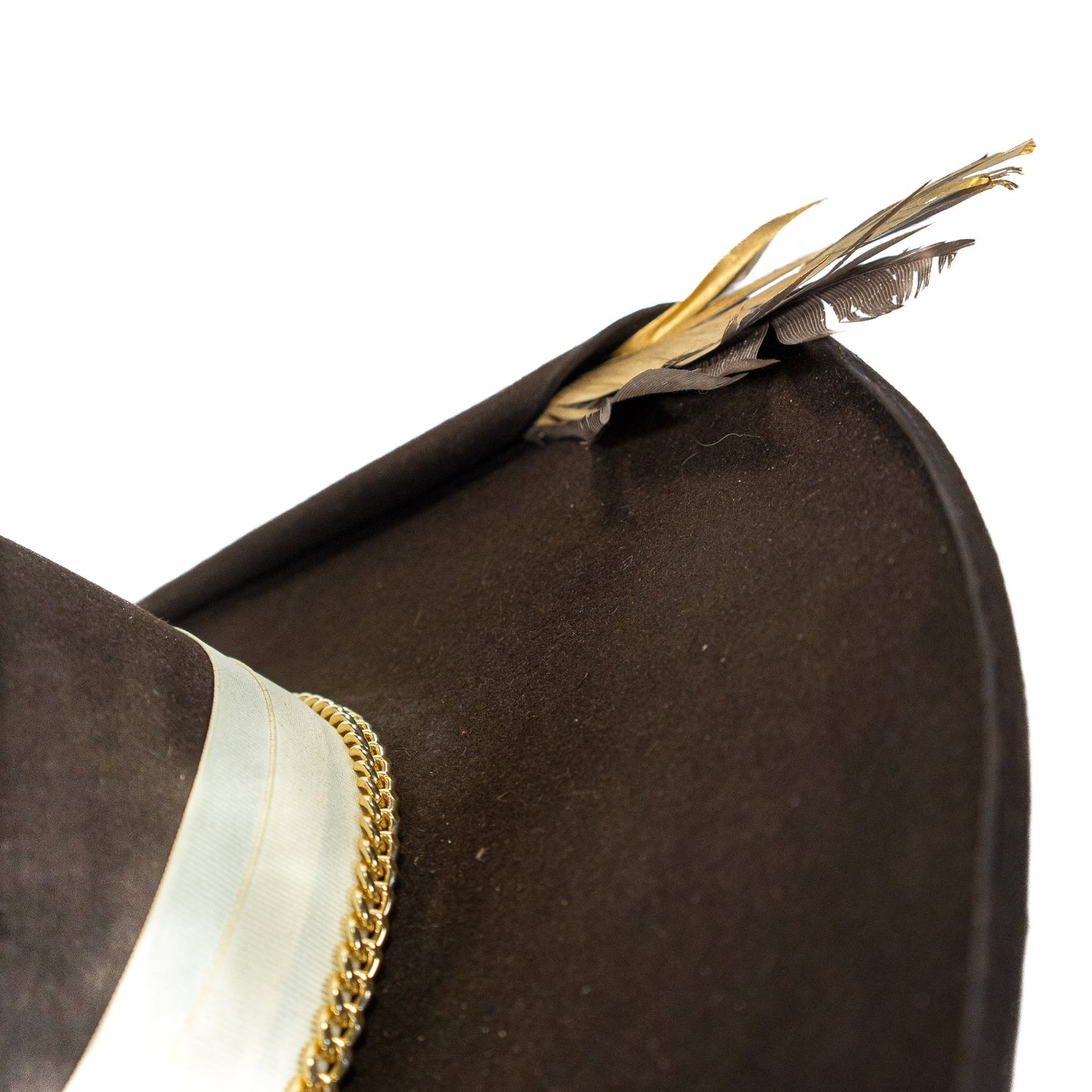 Jude Distressed Wide Brim Fur Felt Hat with feather accent detail
