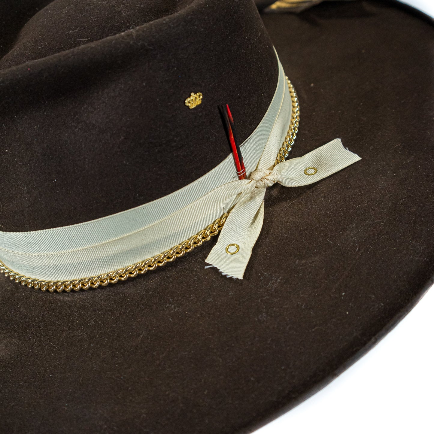 Jude Distressed Wide Brim Fur Felt Hat with grosgrain ribbon band and brass chain detail
