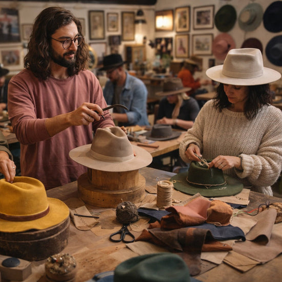 Two people working on hats in a workshop setting.