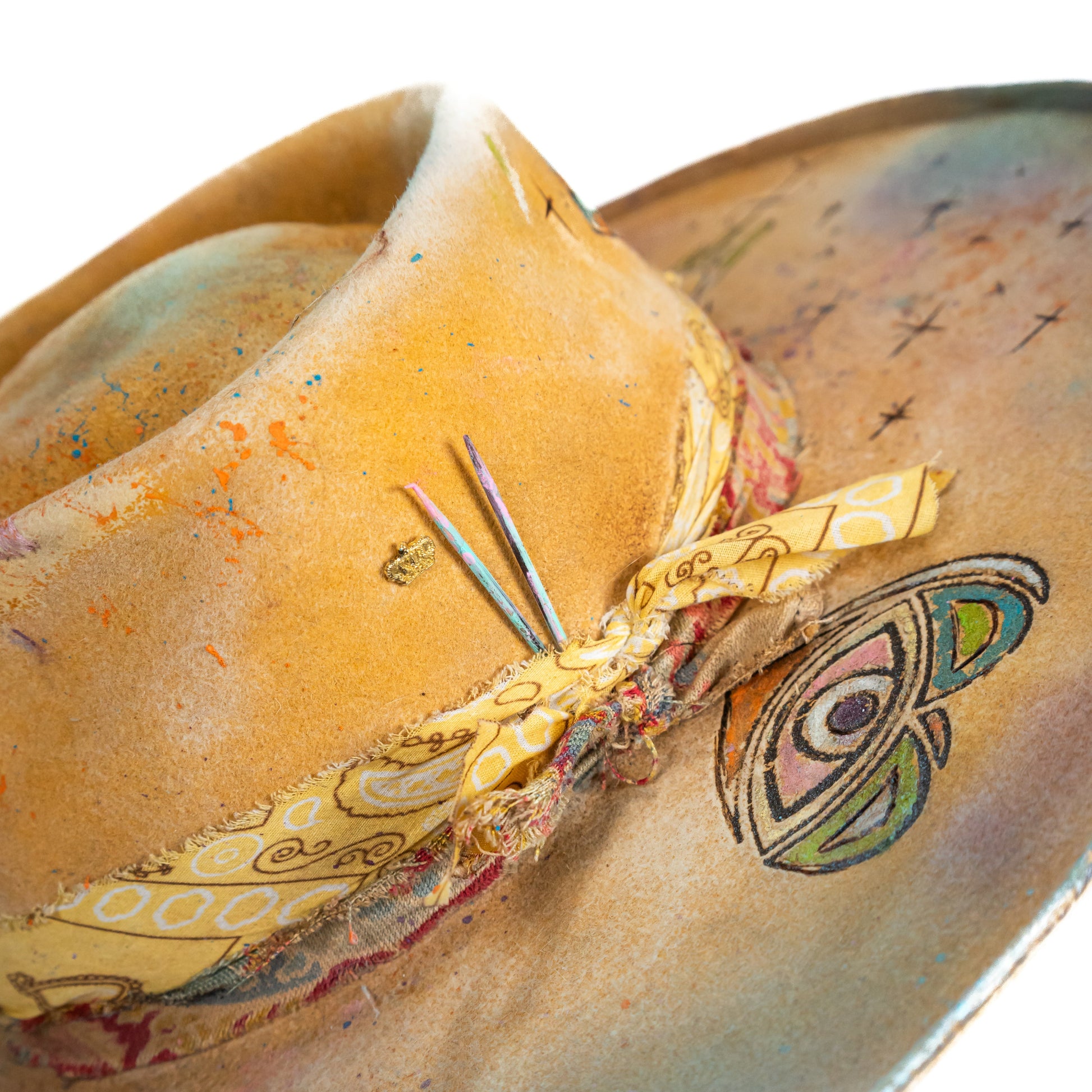 Logie Distressed Wide Brim Fur Felt Hat with symbolic hand-burned artwork along brim
