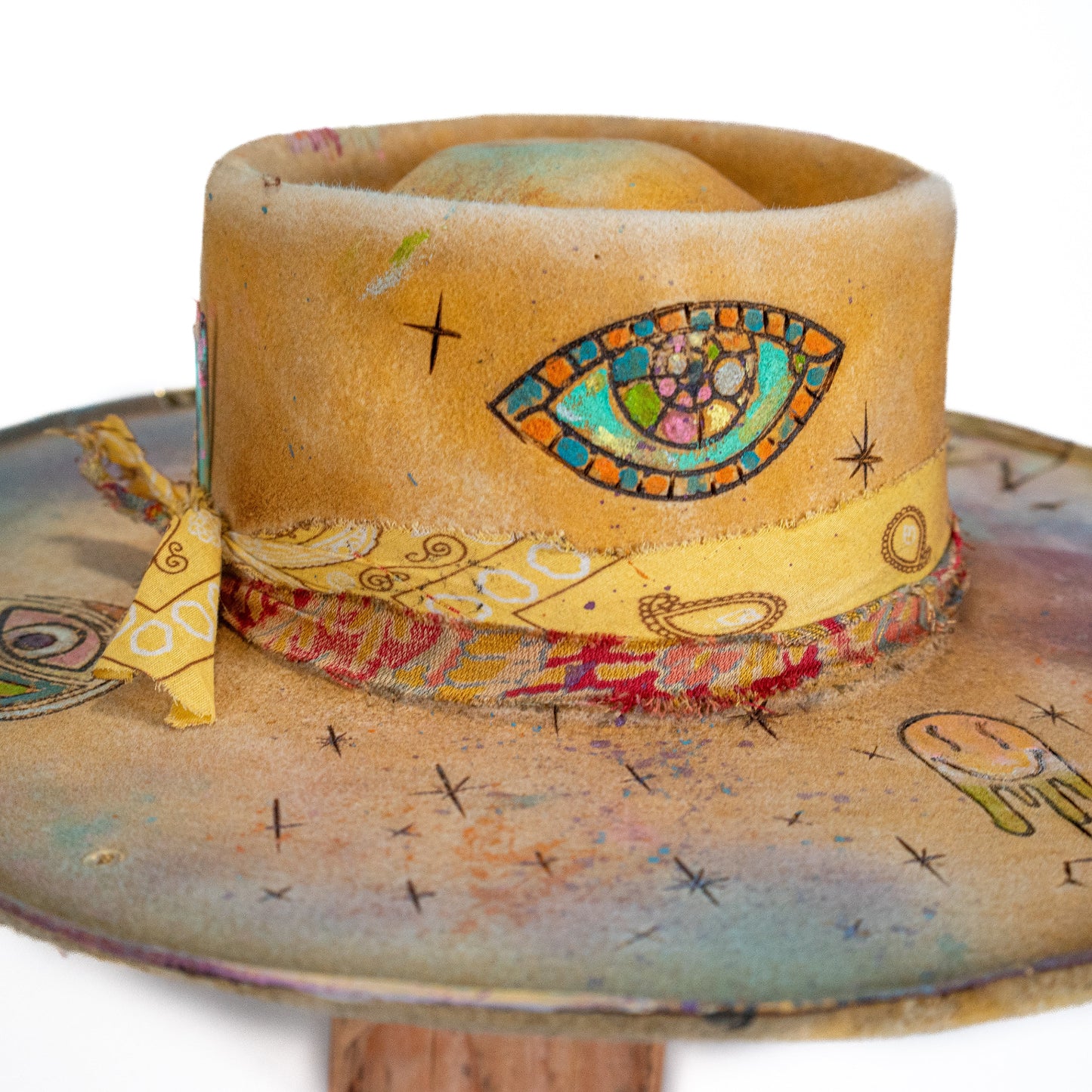 Logie Distressed Wide Brim Fur Felt Hat with hand-burned eye motif on crown
