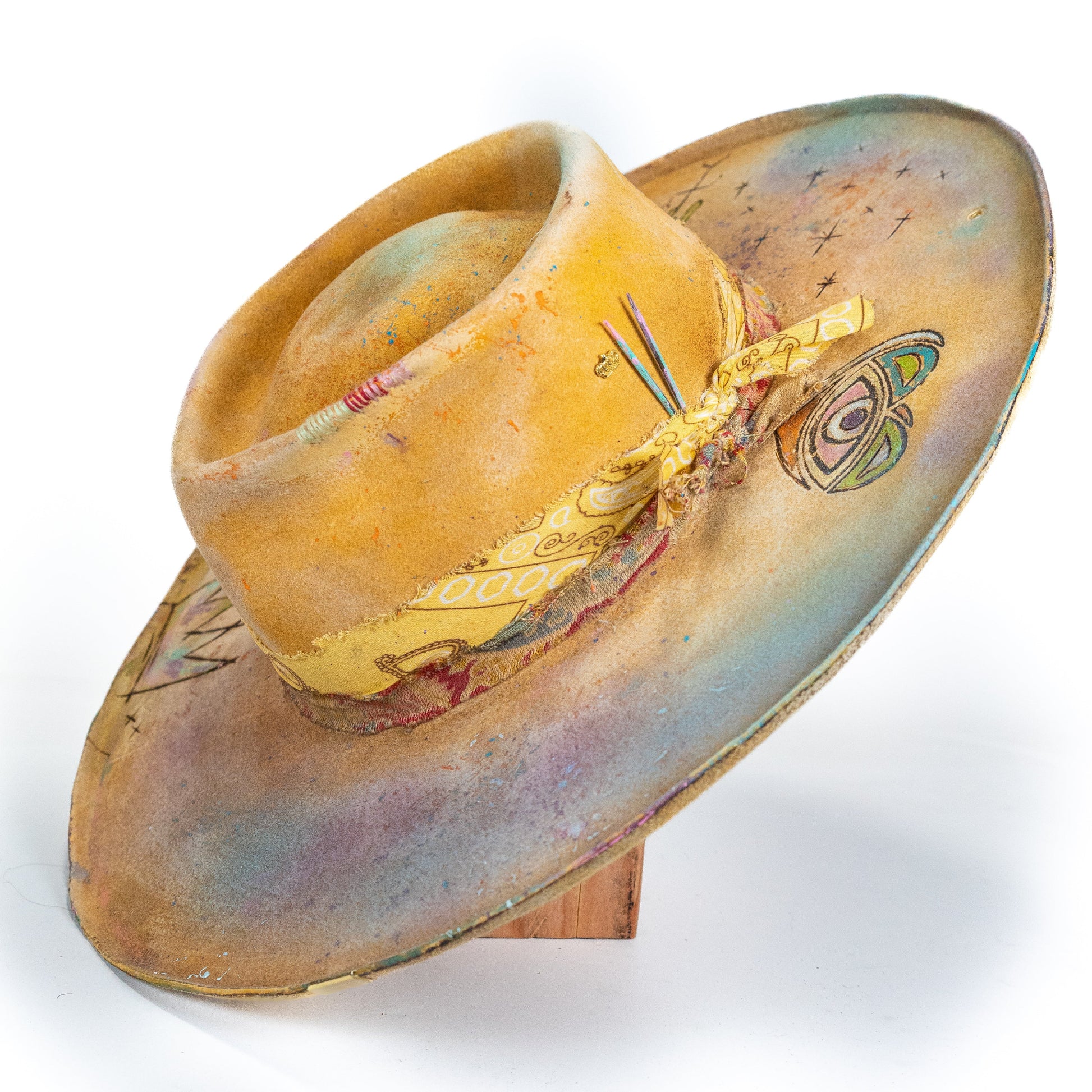 Logie Distressed Wide Brim Rabbit and Beaver Blend Fur Felt Hat in ochre and clay earth tones