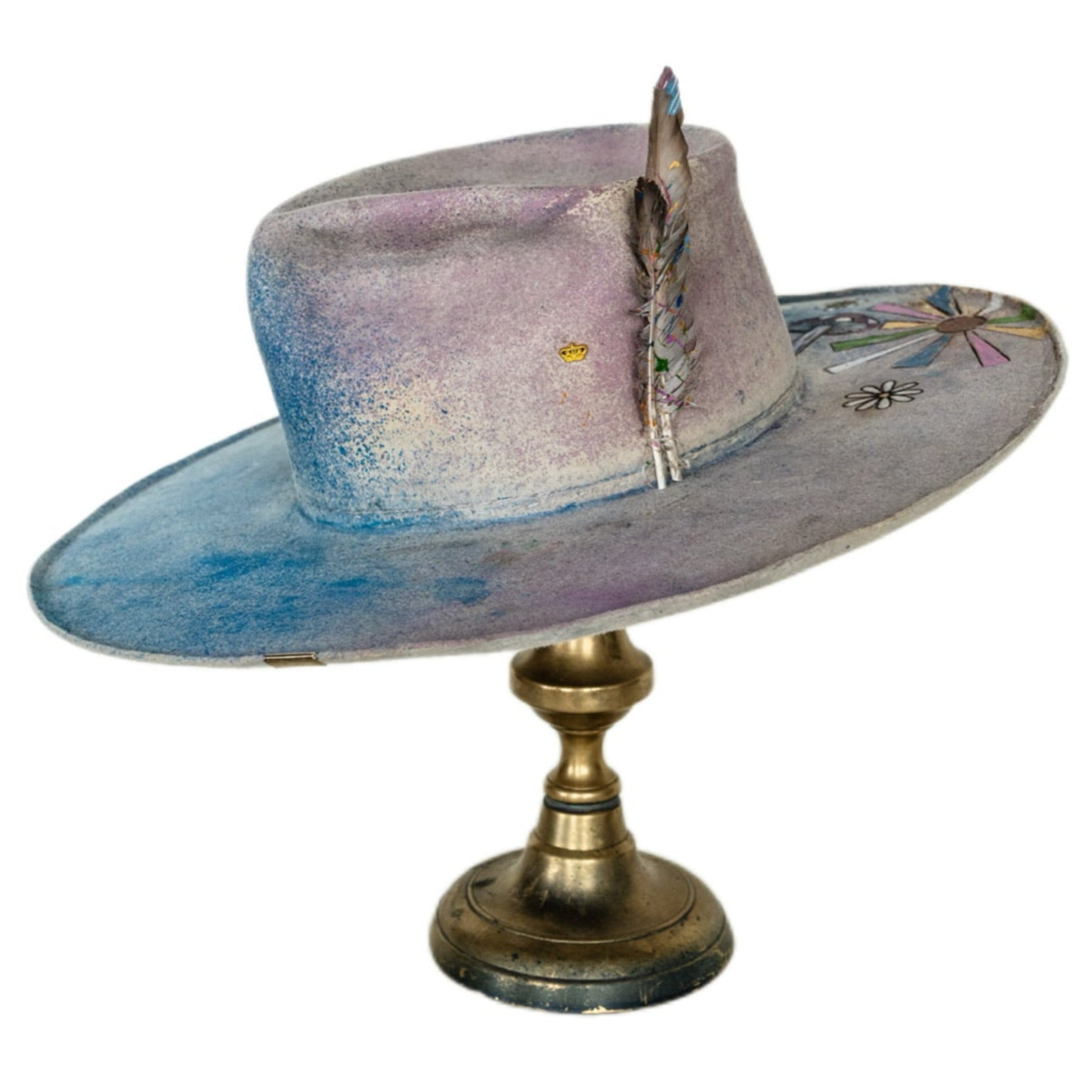 Lumen hand-dyed wide brim rabbit and beaver blend fur felt hat in pink and blue tones