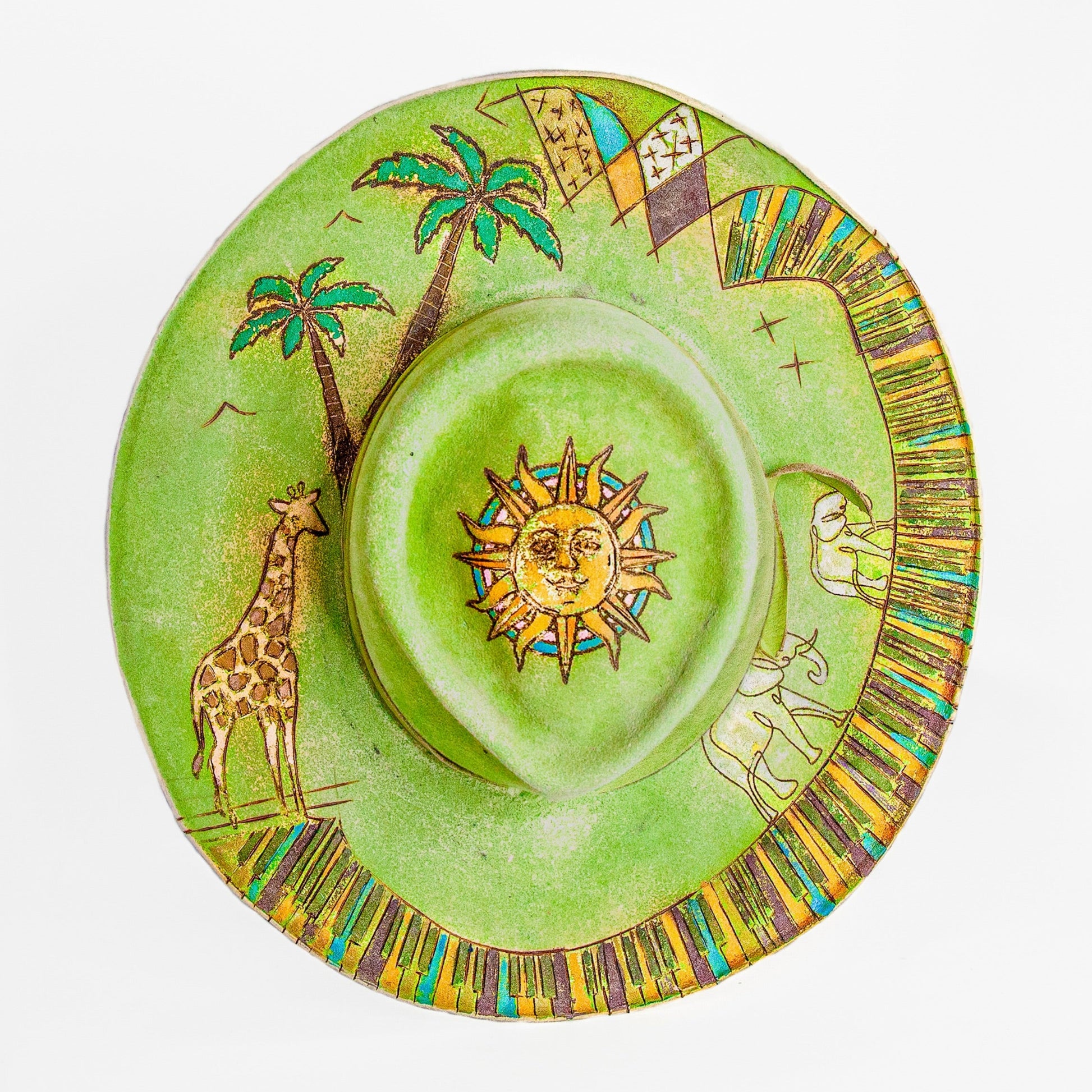 The Margarita Distressed Wide Brim Fur Felt Hat showing burned symbolic imagery wrapping the brim
