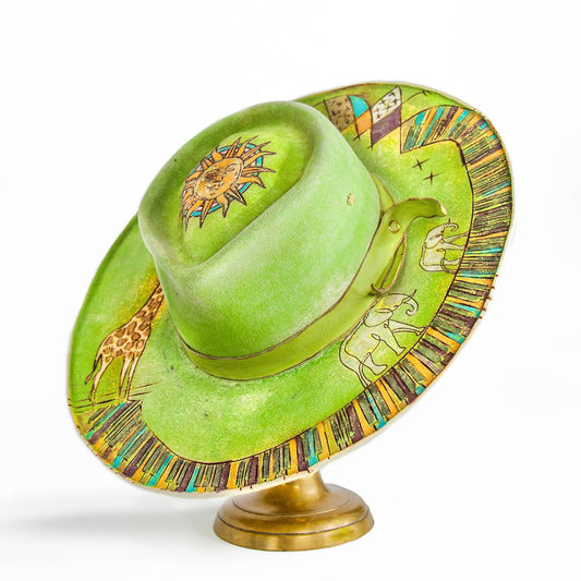 The Margarita Hand-Dyed Distressed Wide Brim Rabbit and Beaver Blend Fur Felt Hat in lime and chartreuse tones
