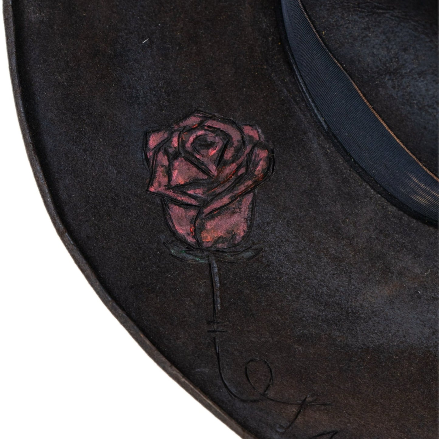 Mercy distressed beaver felt hat with burned stitched heart and rose artwork

