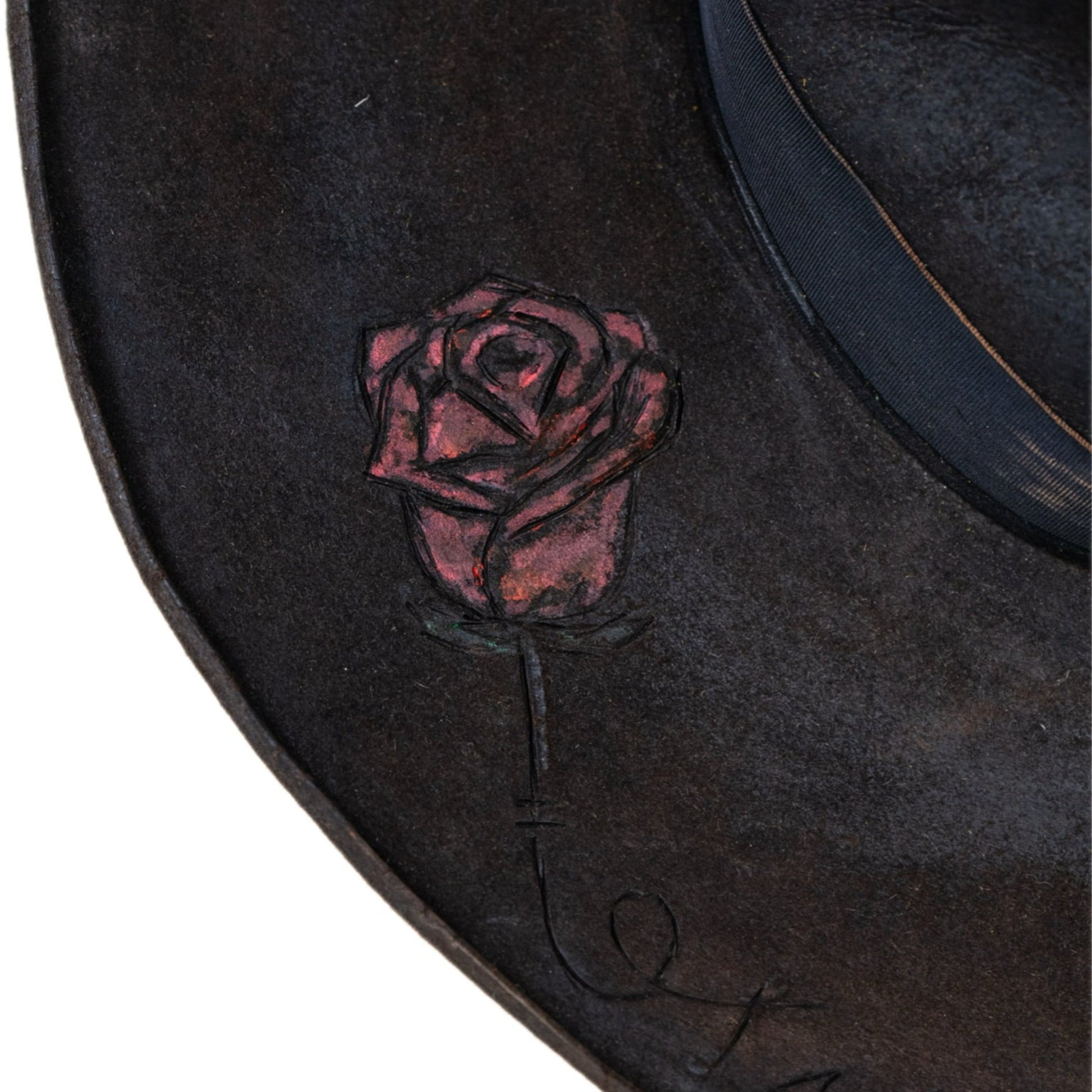 Mercy distressed beaver felt hat with burned stitched heart and rose artwork
