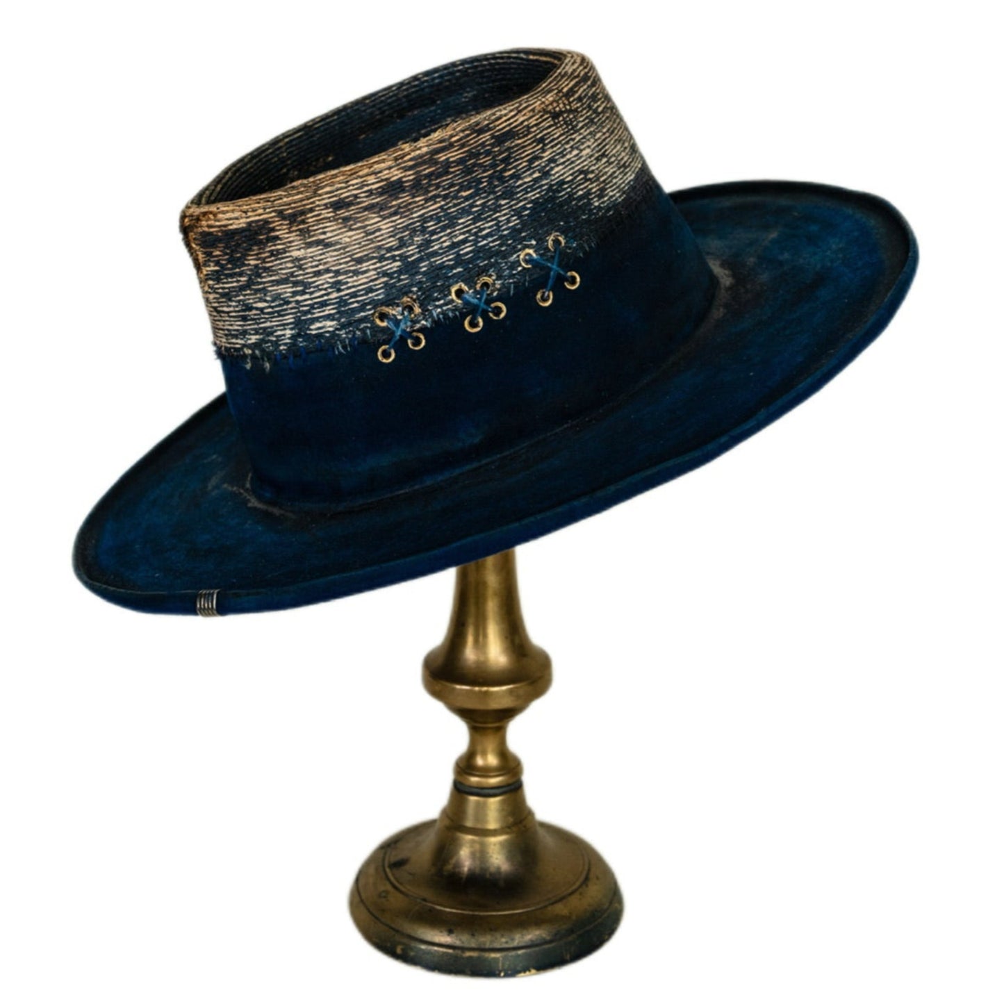 Midnight distressed wide brim fur felt and straw hat with mixed-material construction