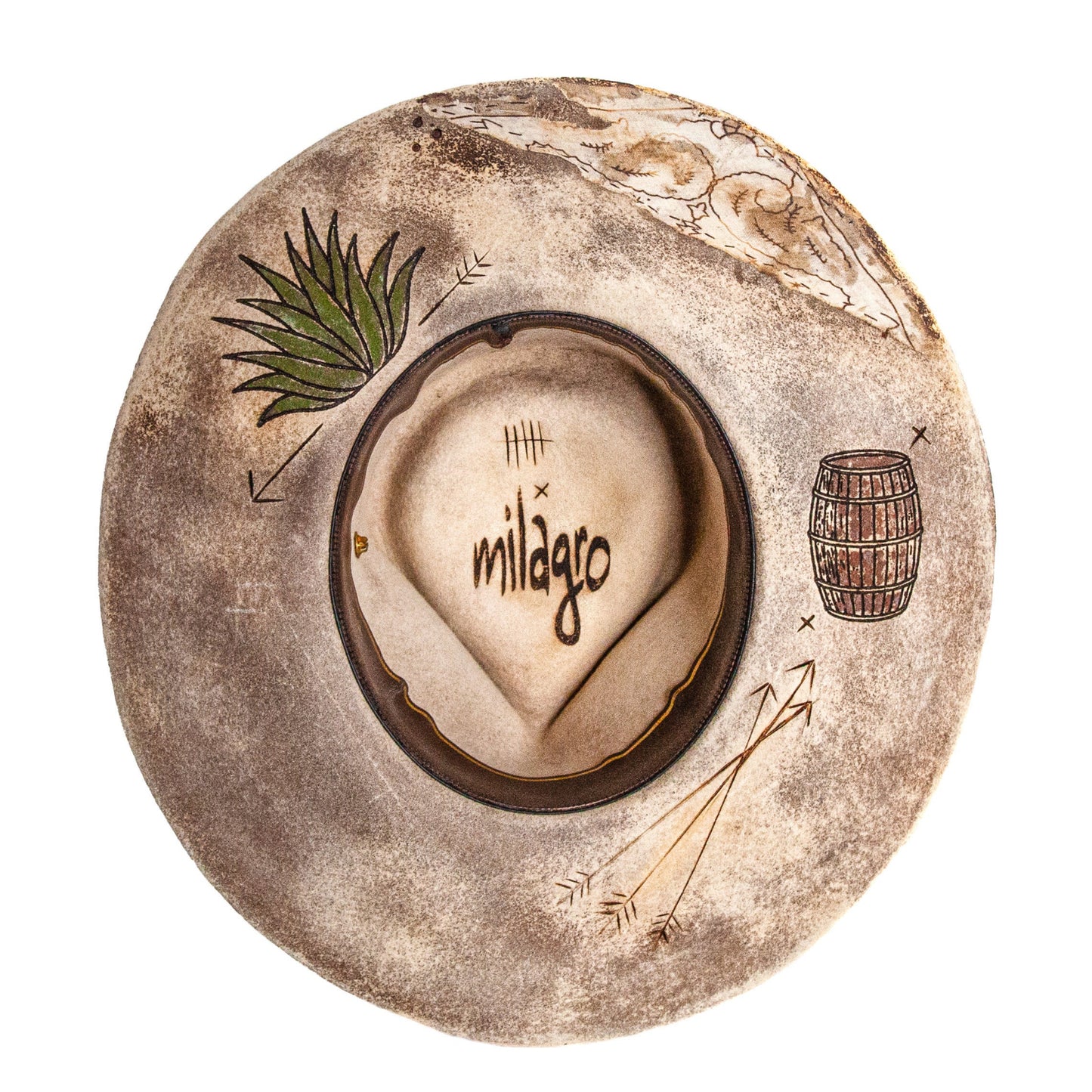 Hand-burned artwork on underside of wide brim fur felt hat featuring agave and barrel imagery