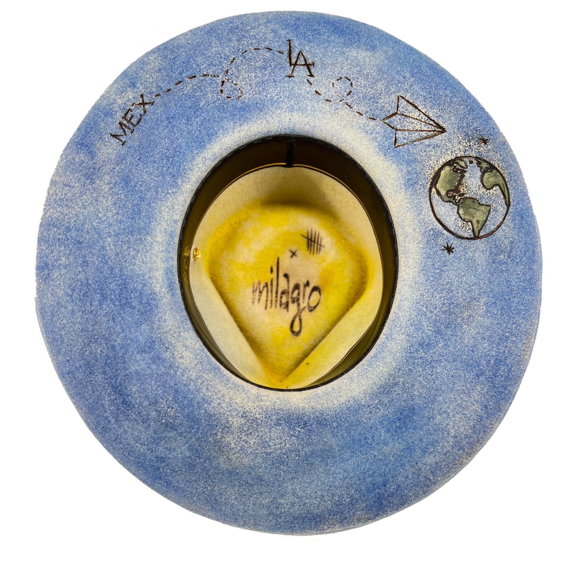 Milagro Blanco Distressed Wide Brim Fur Felt Hat featuring custom Milagro interior artwork