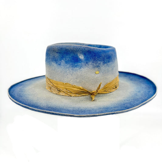 Milagro Blanco Distressed Wide Brim Fur Felt Hat with hand-tied ribbon band detail