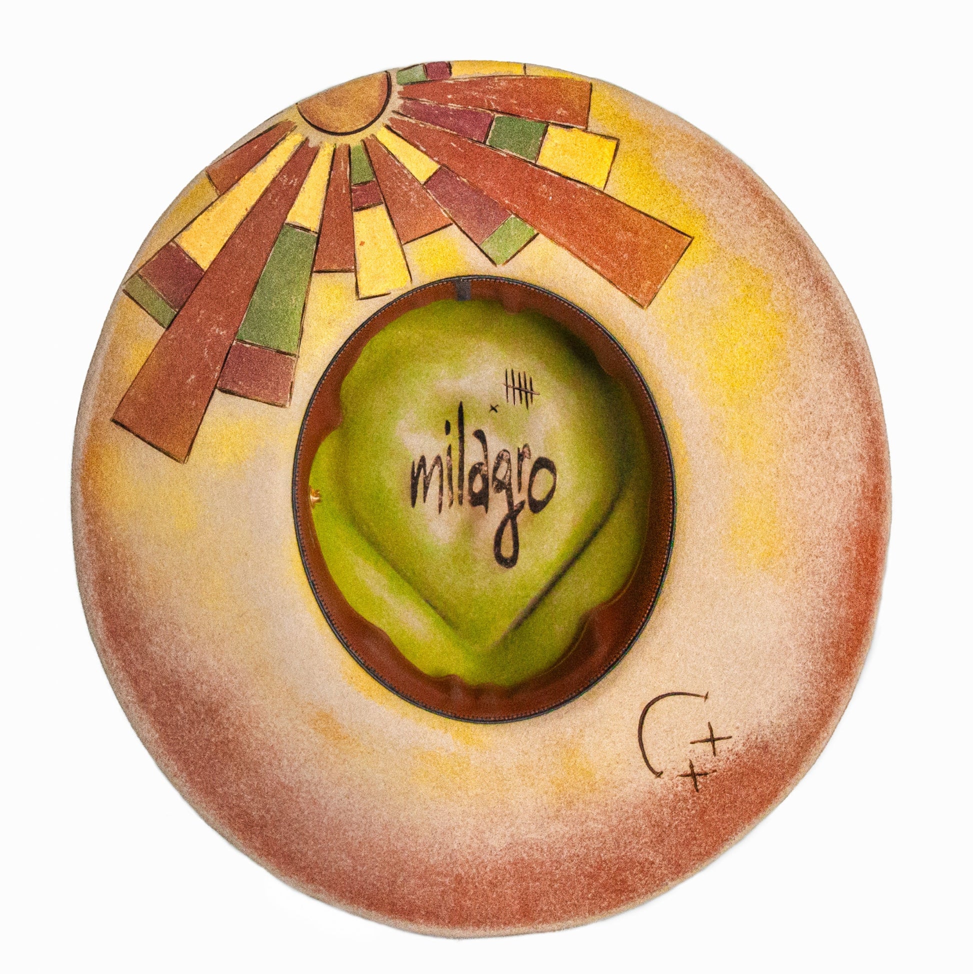 Milagro Hand-Dyed Distressed Wide Brim Fur Felt Hat with hand-burned radiating sun artwork
