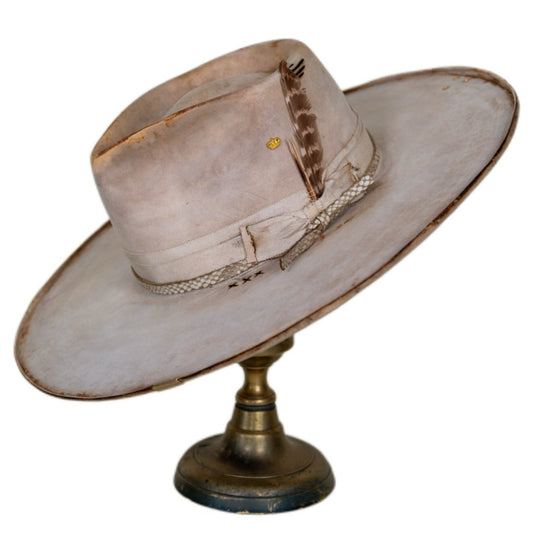 Noelle Distressed Wide Brim 100% Beaver Fur Felt Hat in bone with curled brim
