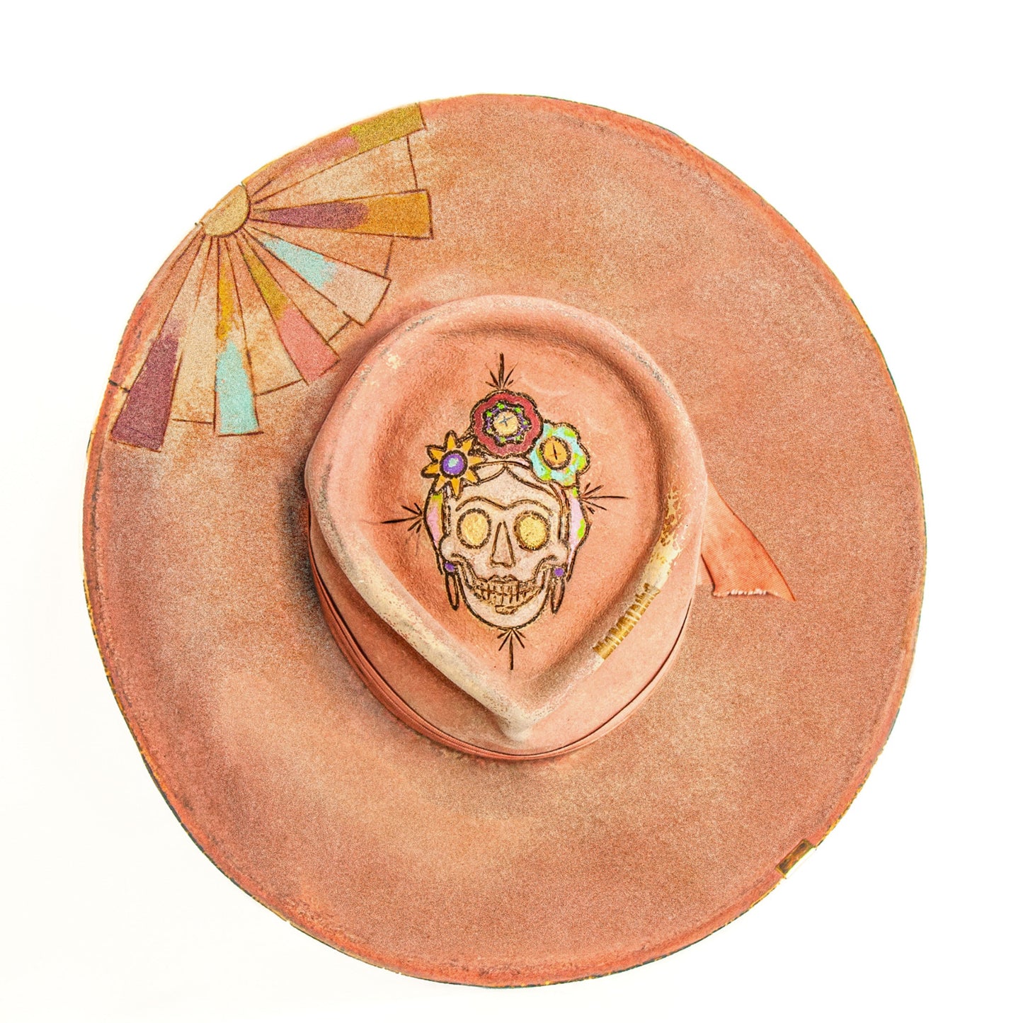 The Paloma Distressed Wide Brim Fur Felt Hat with hand-burned Milagro artwork on crown
