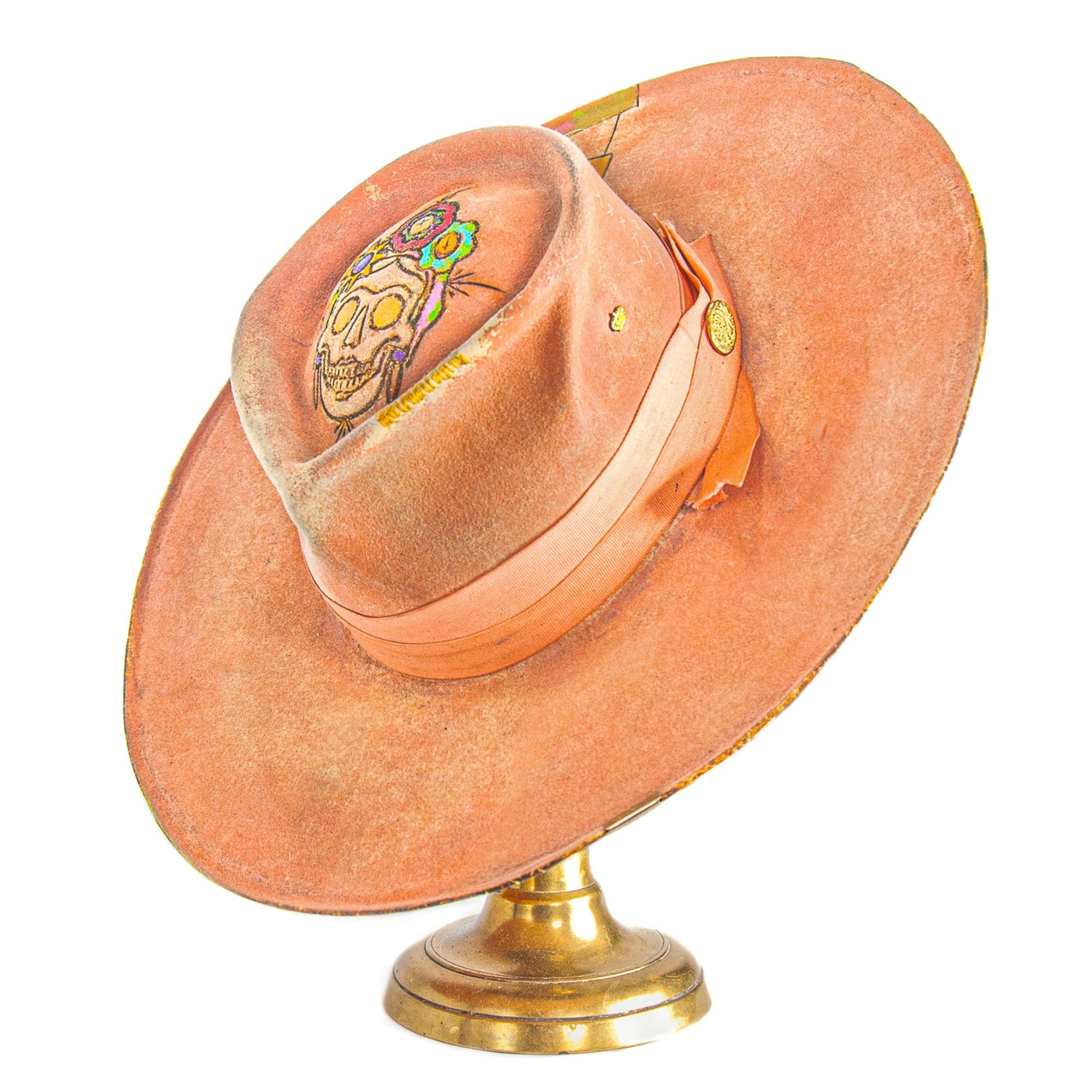 The Paloma Distressed Wide Brim Rabbit and Beaver Blend Fur Felt Hat in coral and peach tones
