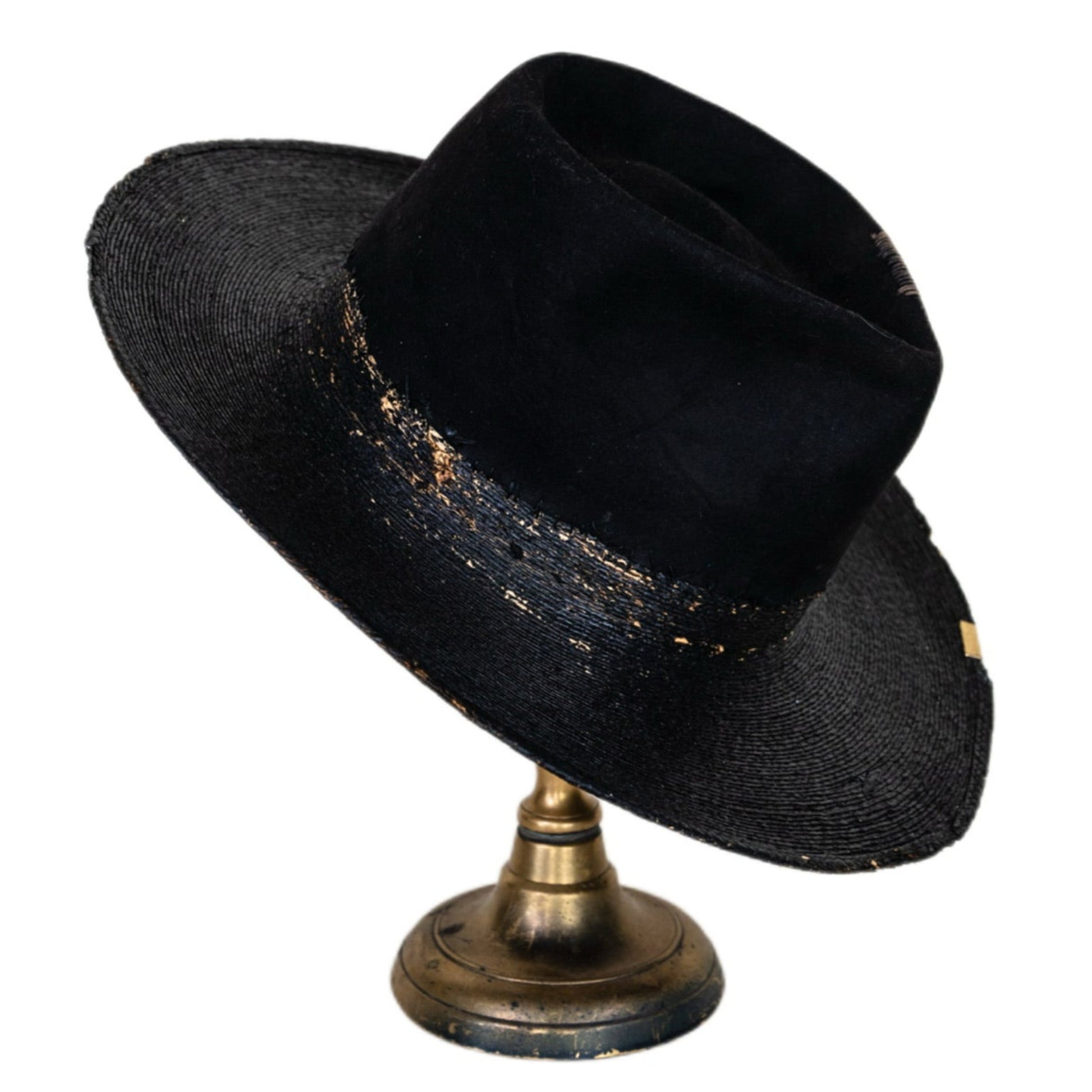 Reeve distressed wide brim beaver fur felt and straw hat with mixed-material construction