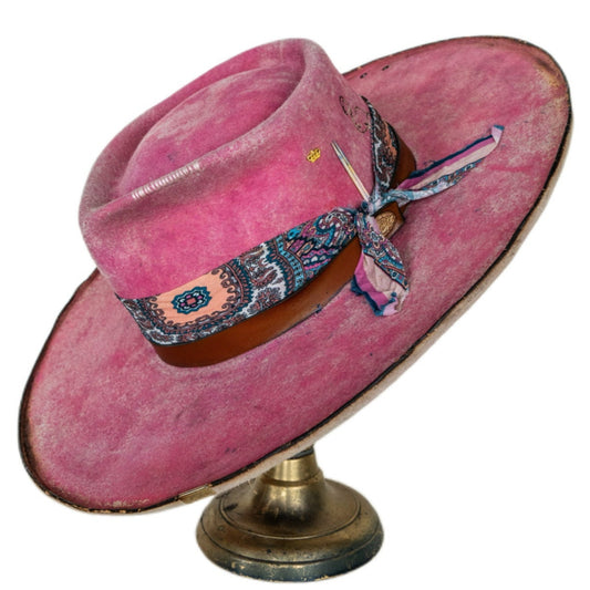 Rosie hand-dyed wide brim rabbit fur felt hat in soft pink with burned brim edge
