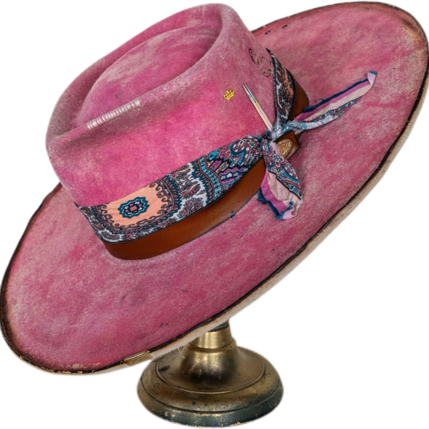 Rosie rabbit fur felt hat with paisley ribbon and cognac leather band
