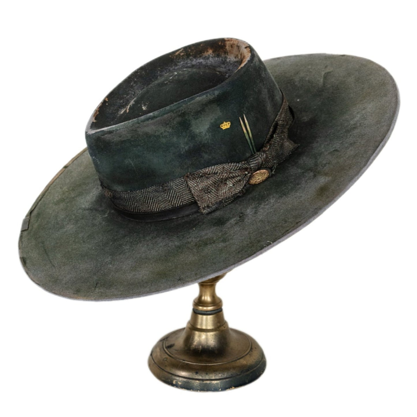 Rowan distressed wide brim rabbit and beaver blend fur felt hat in layered green tones