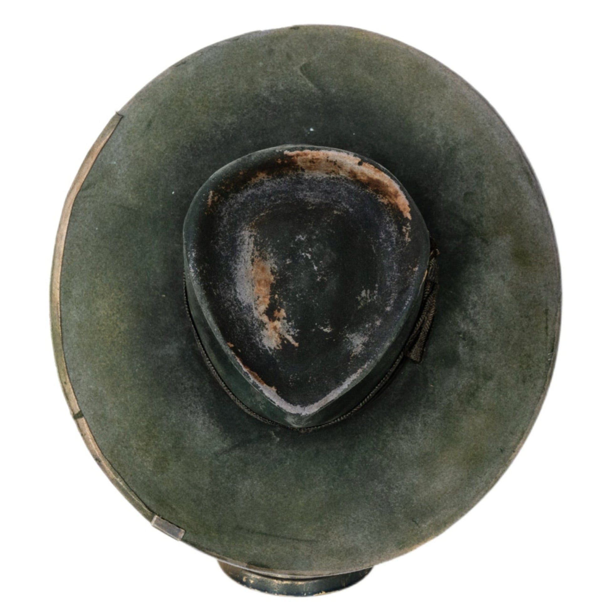 Rowan distressed green fur felt crown with stitched detailing