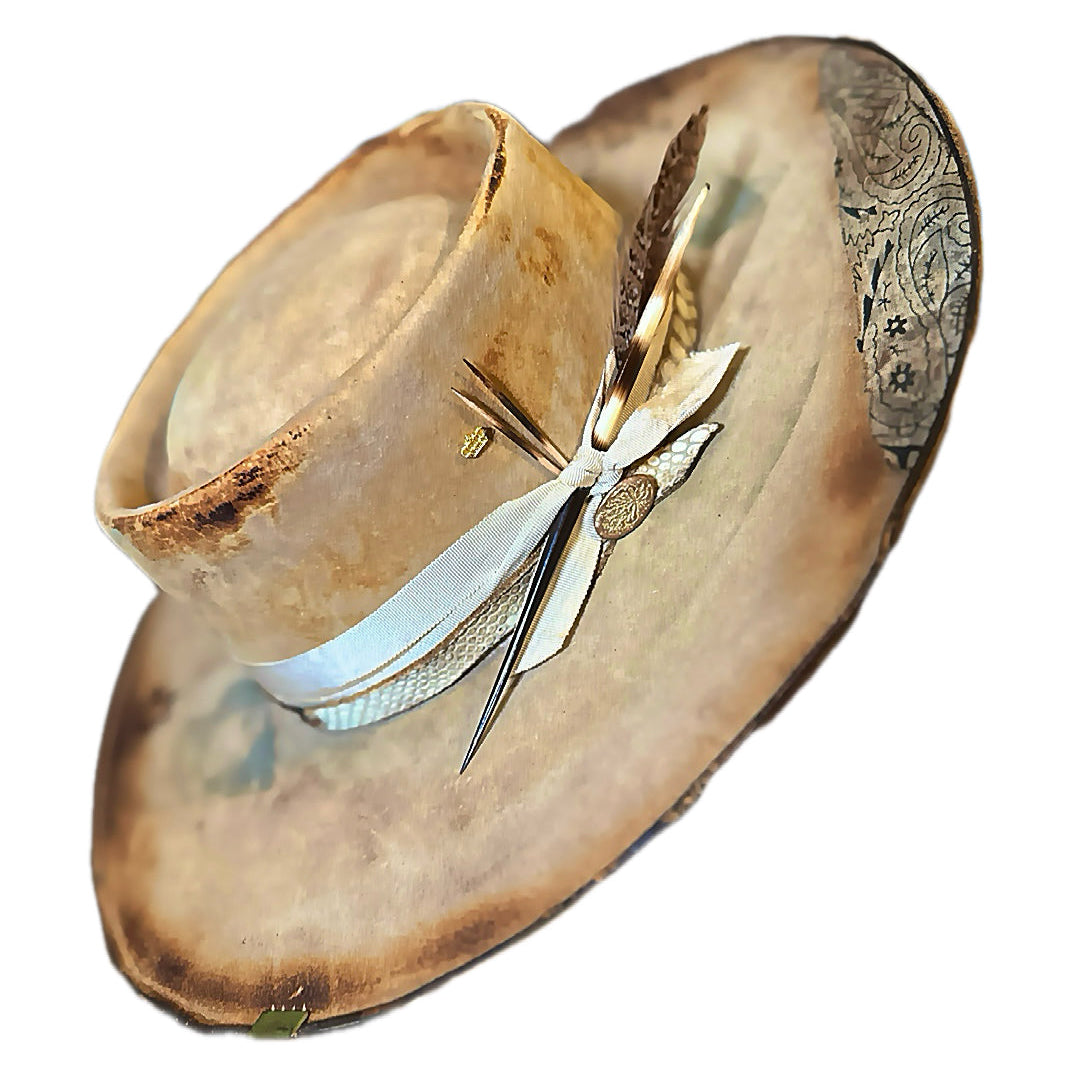 Rusty Hand-Dyed Distressed Wide Brim Rabbit and Beaver Blend Fur Felt Hat in earth and bone tones
